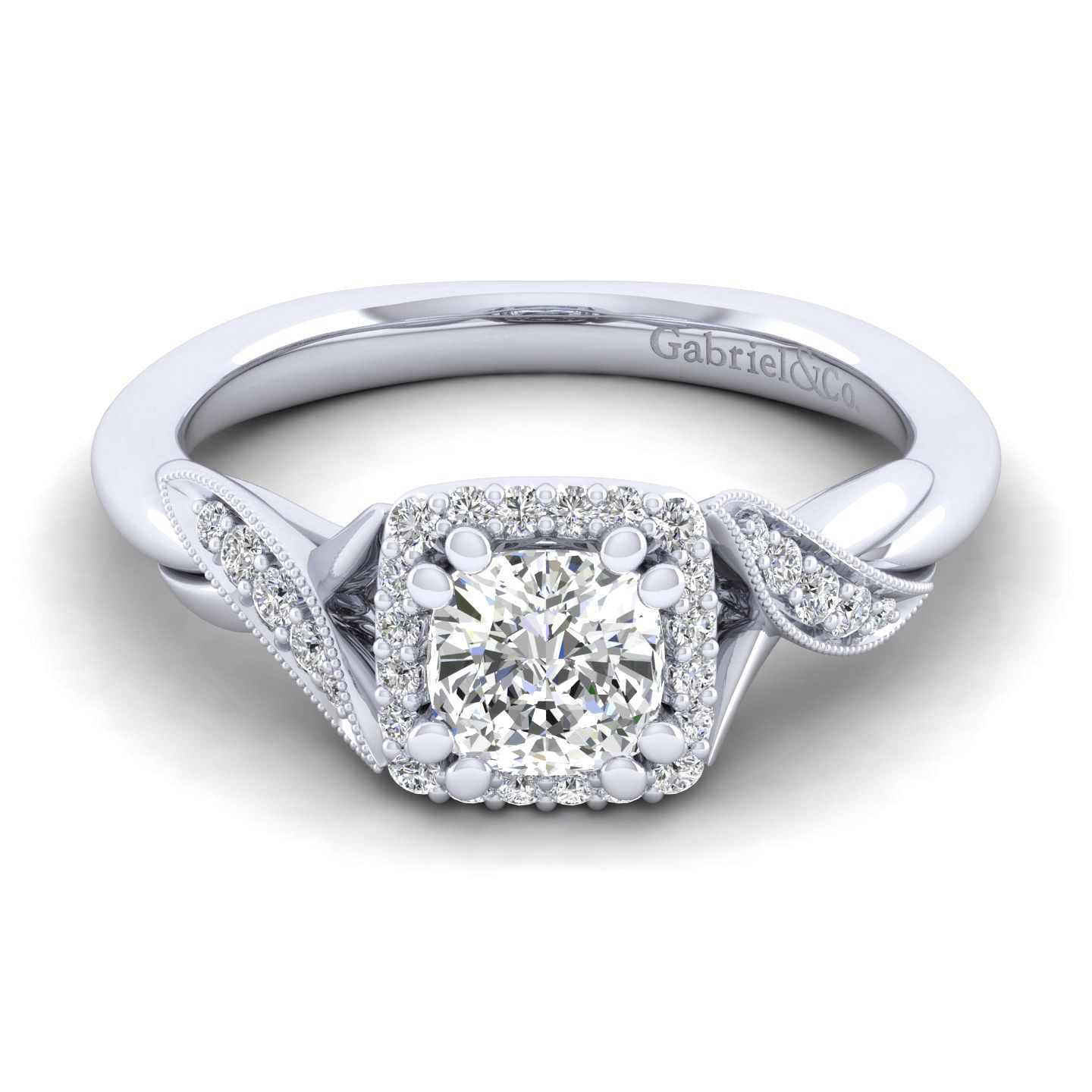 Shae - Vintage Inspired 14K White Gold Cushion Halo Diamond Engagement Ring