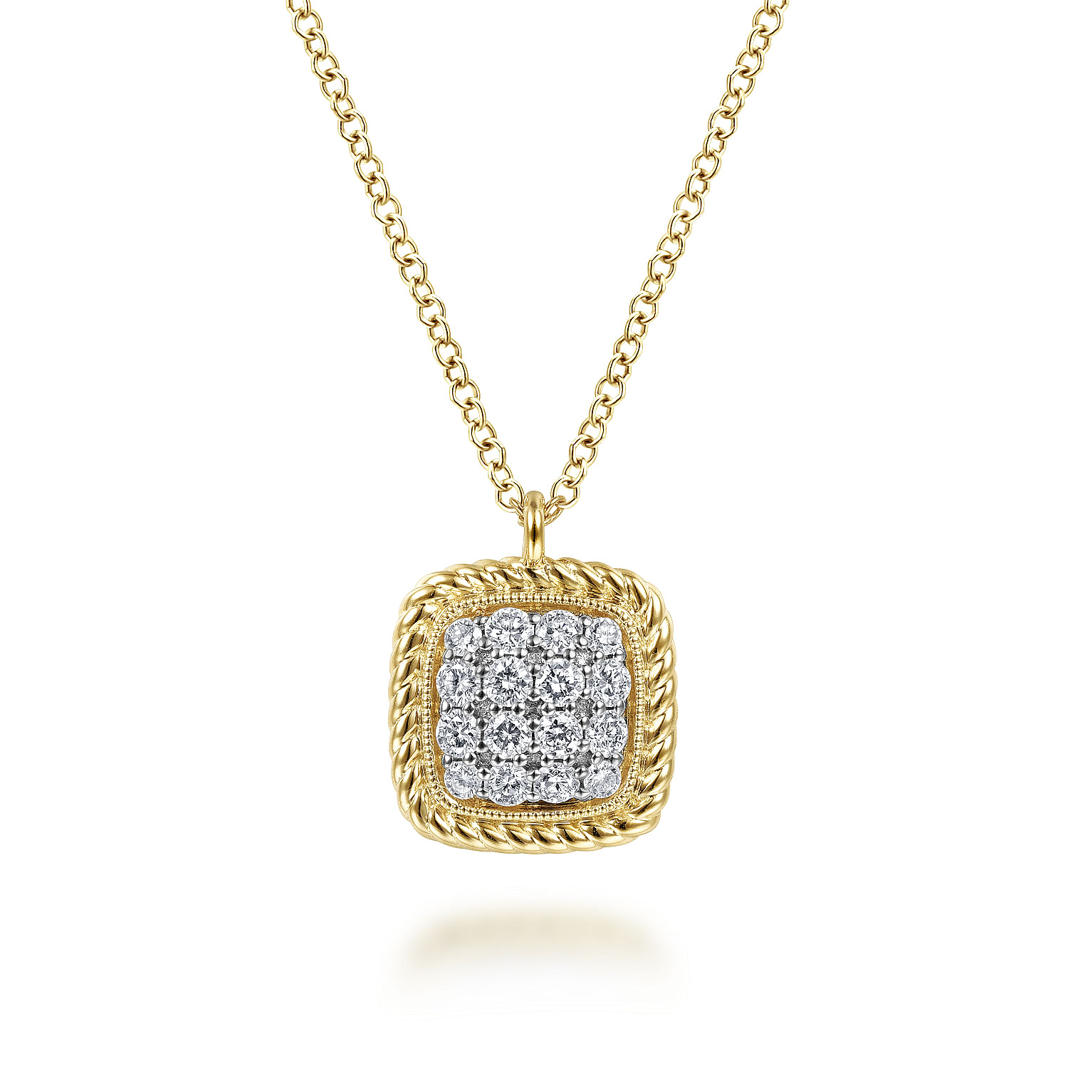Square 14K Yellow Gold Pave Diamond Pendant Necklace with Twisted Rope Frame