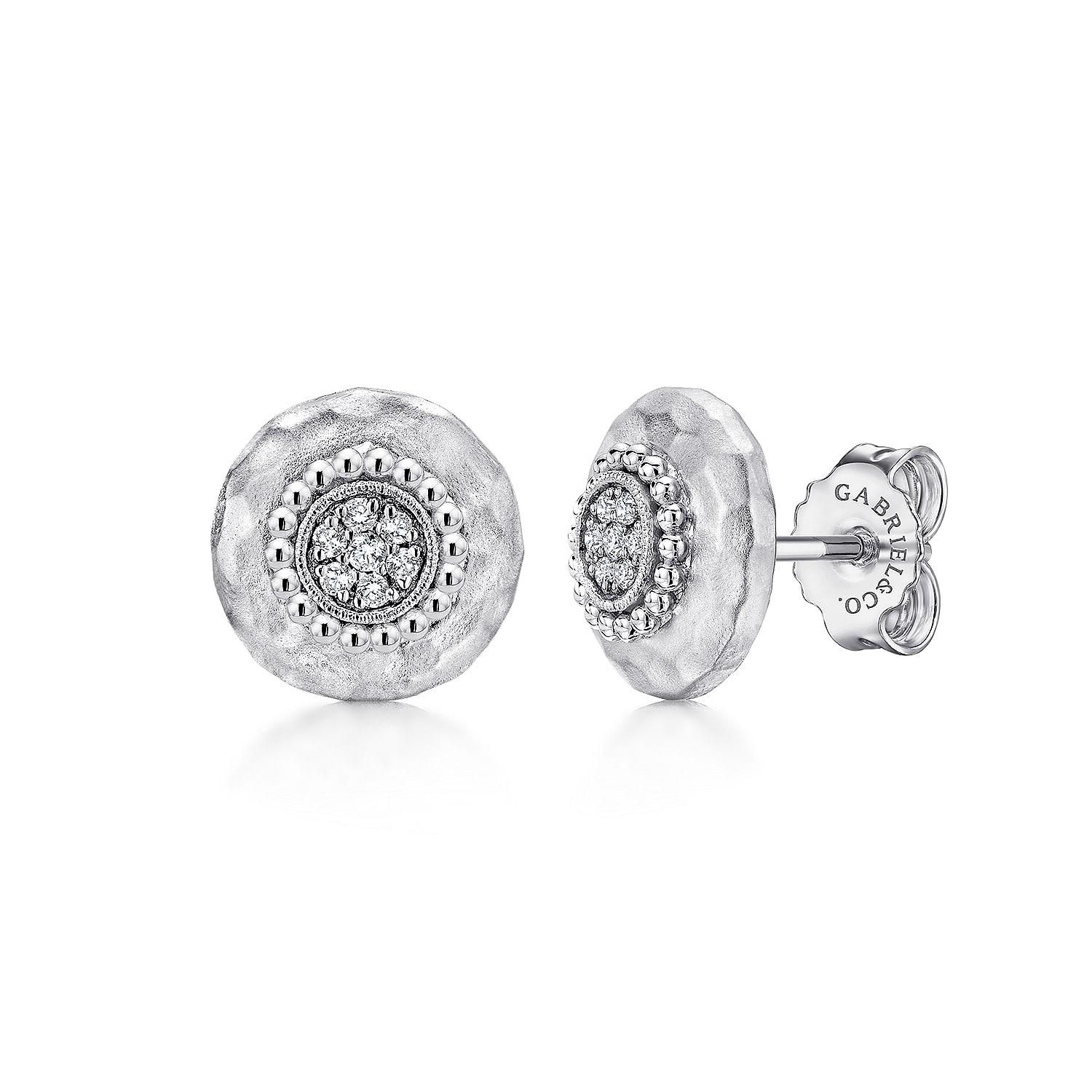 Sterling Silver Beaded Hammered Round White Sapphire Cluster Stud Earrings