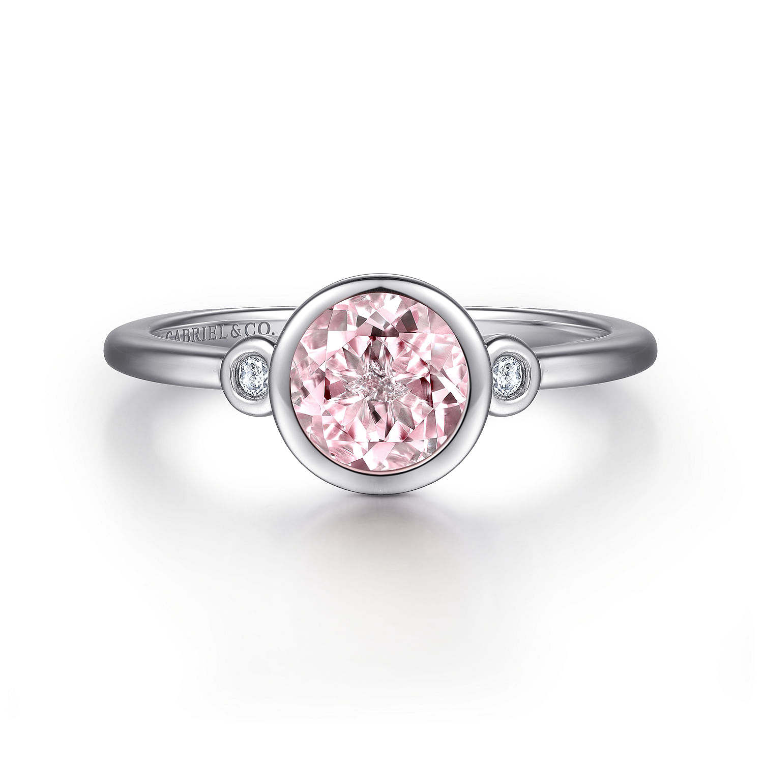 Sterling Silver Bezel Set Pink Created Zircon and Diamond Ring