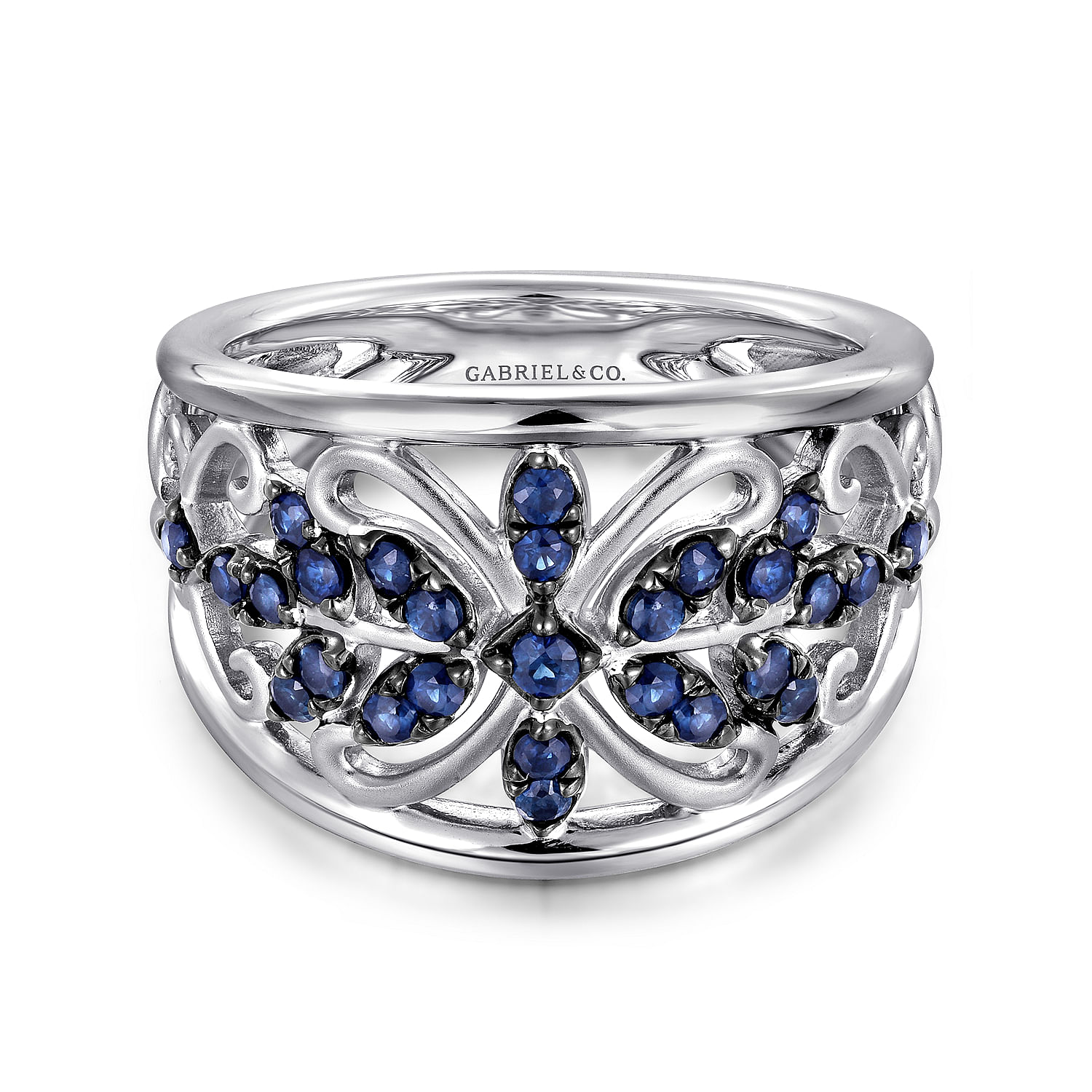 Sterling Silver Ring with Floral Sapphire Motif
