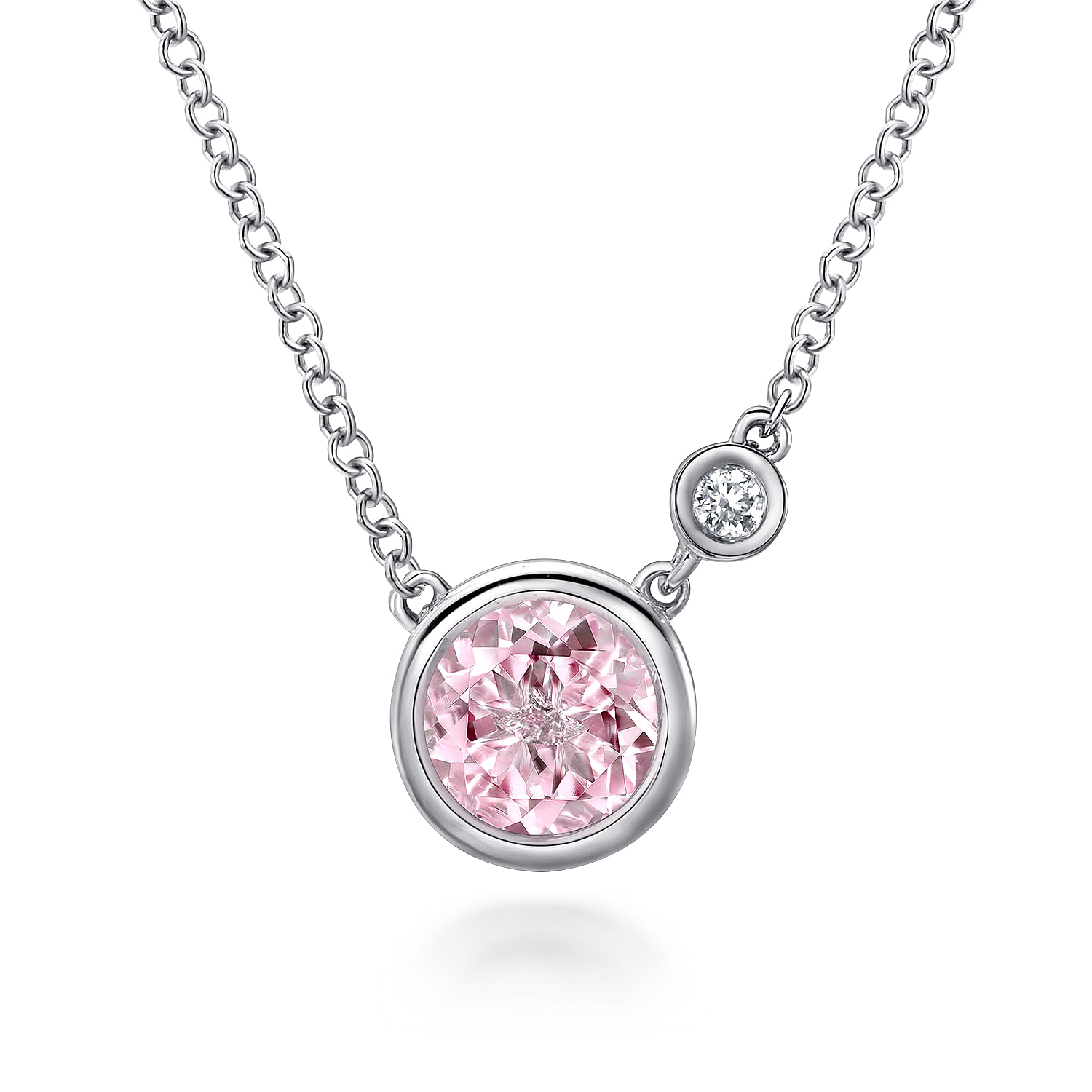 Sterling Silver Round Bezel Set Pink Created Zircon and Diamond Pendant Necklace