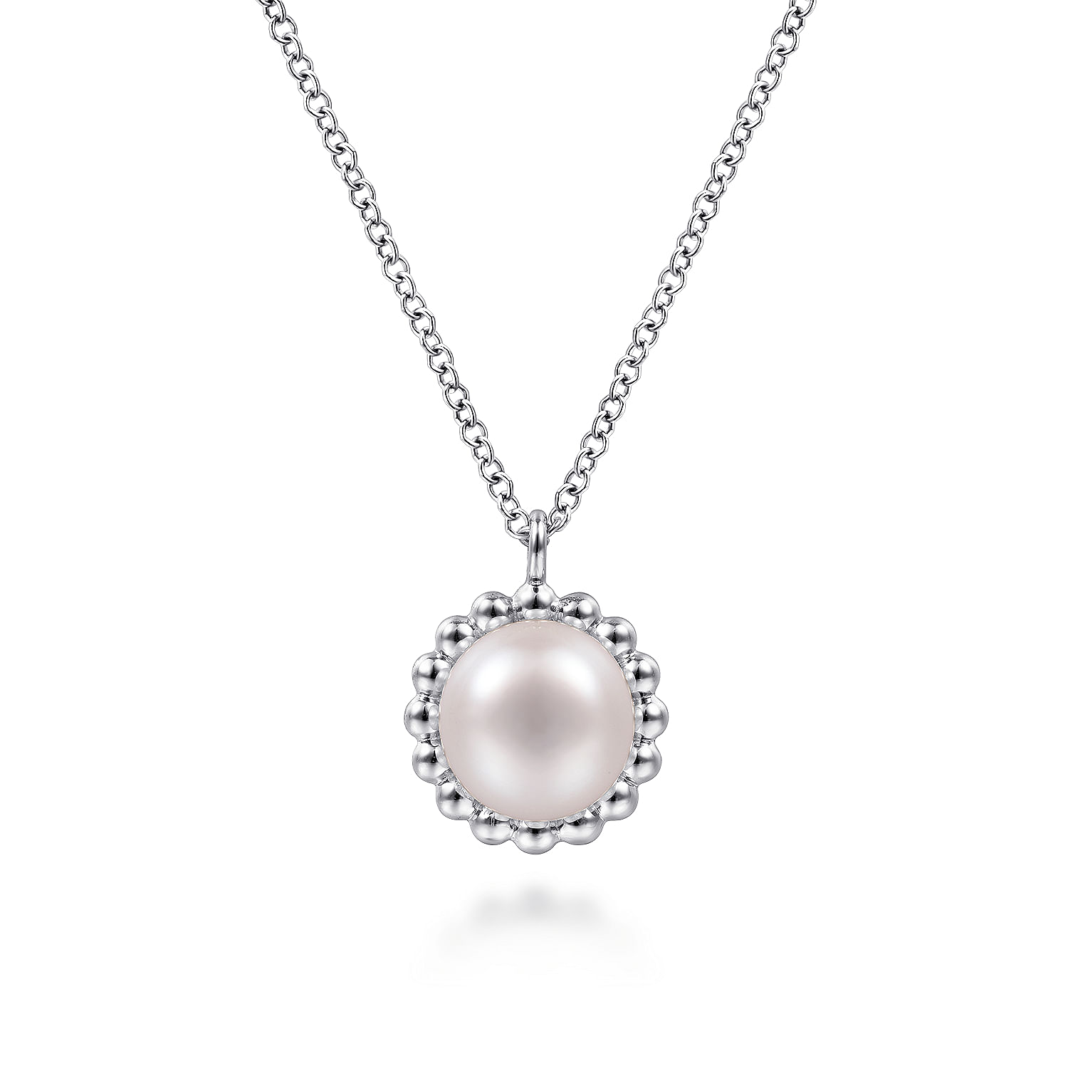 Sterling Silver Round Pearl Pendant Necklace with Beaded Frame