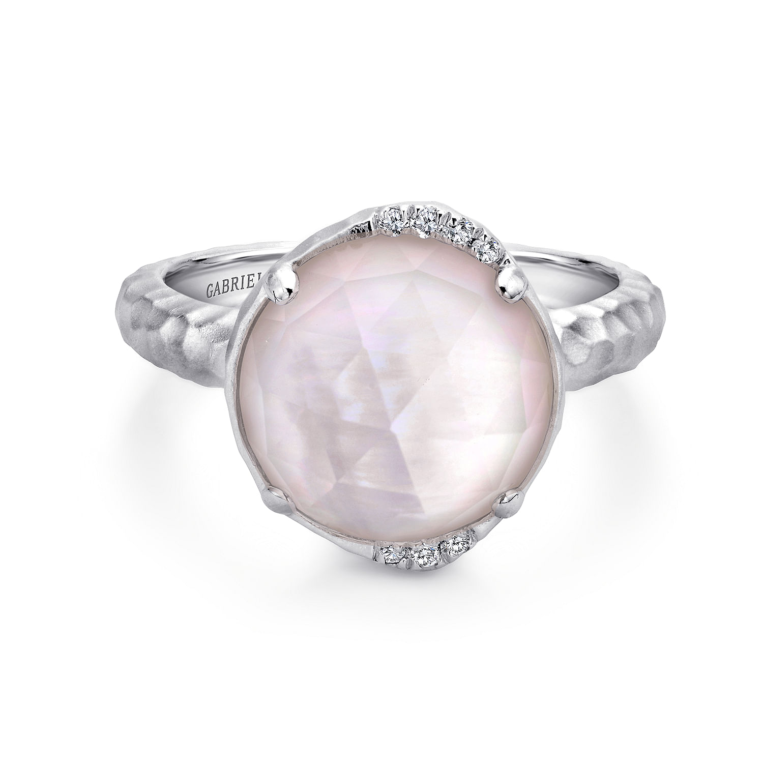 Sterling Silver Round Rock Crystal Pink MOP and Diamond Ring