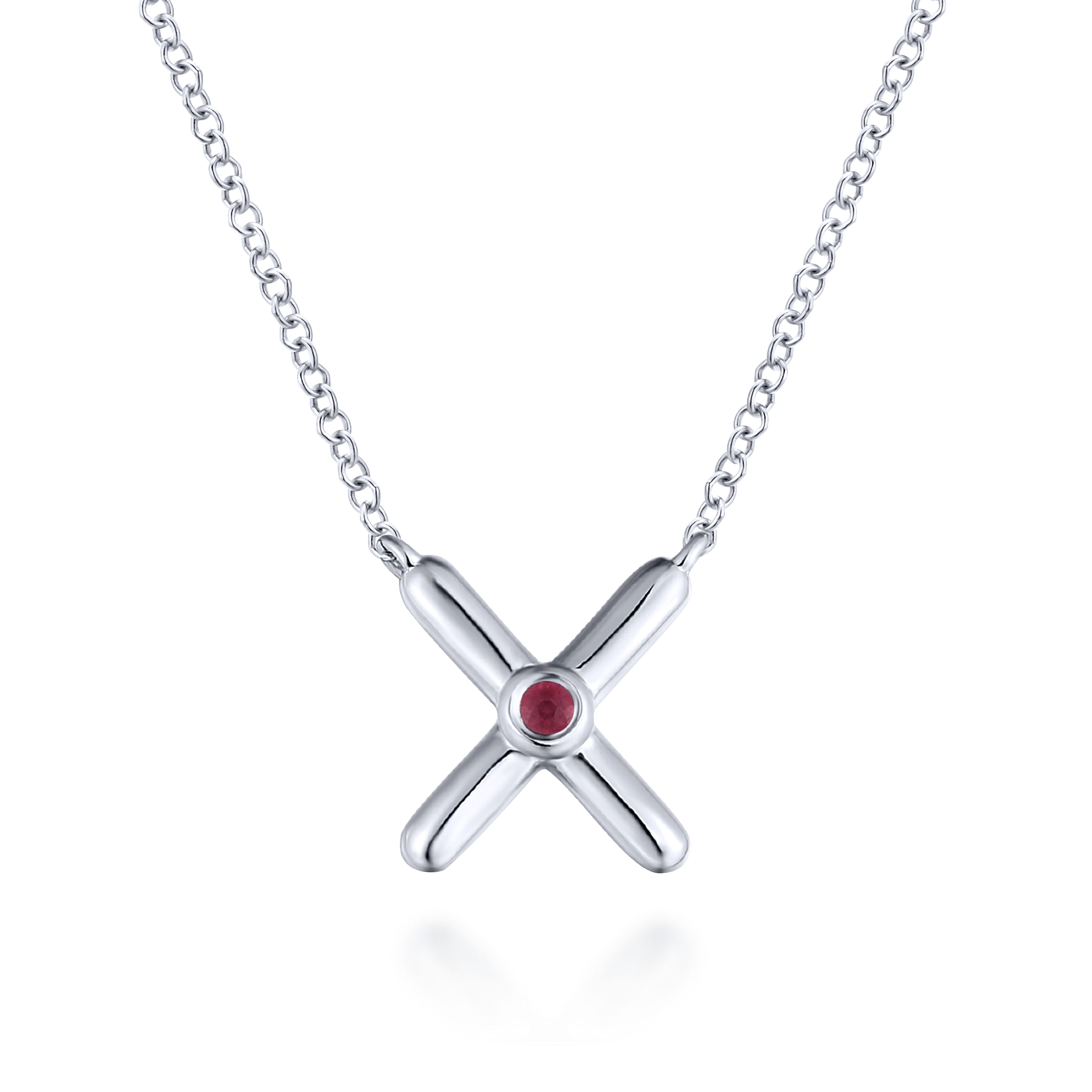 Sterling Silver X Necklace with Ruby Stone Center