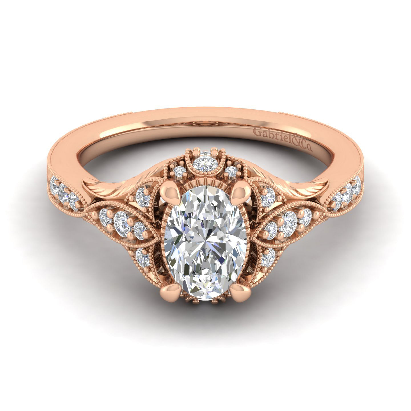 Windsor - Unique 14K Rose Gold Vintage Inspired Oval Halo Diamond Engagement Ring