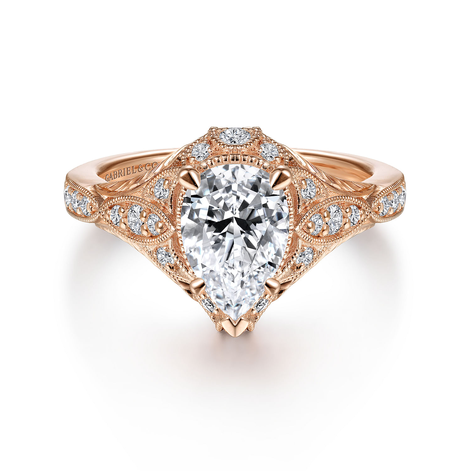 Windsor - Unique 14K Rose Gold Vintage Inspired Pear Shape Diamond Halo Engagement Ring