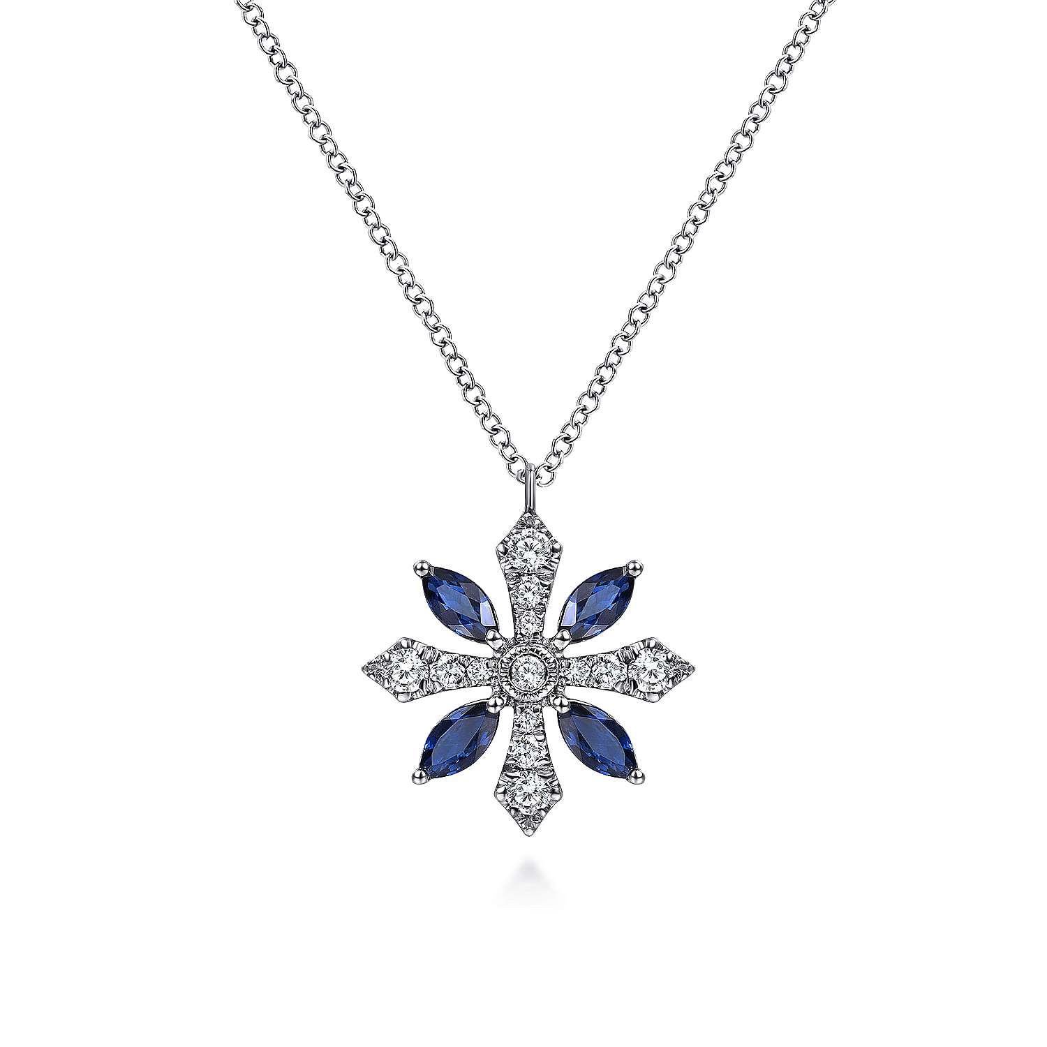 14K White Gold Sapphire and Diamond Snowflake Pendant Necklace