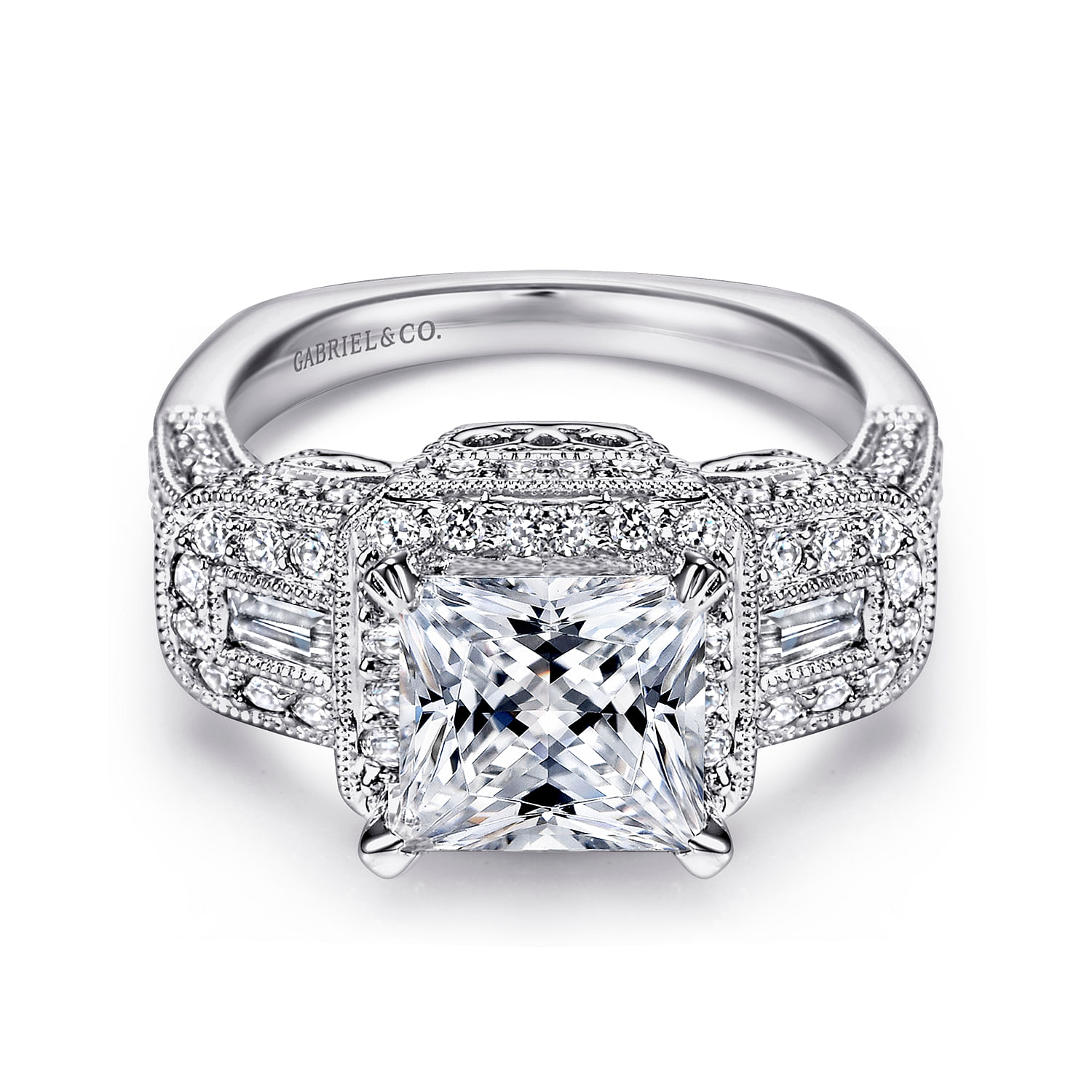 14k White Gold Princess Cut 3 Stones Halo Engagement Ring | ER4243W44JJ