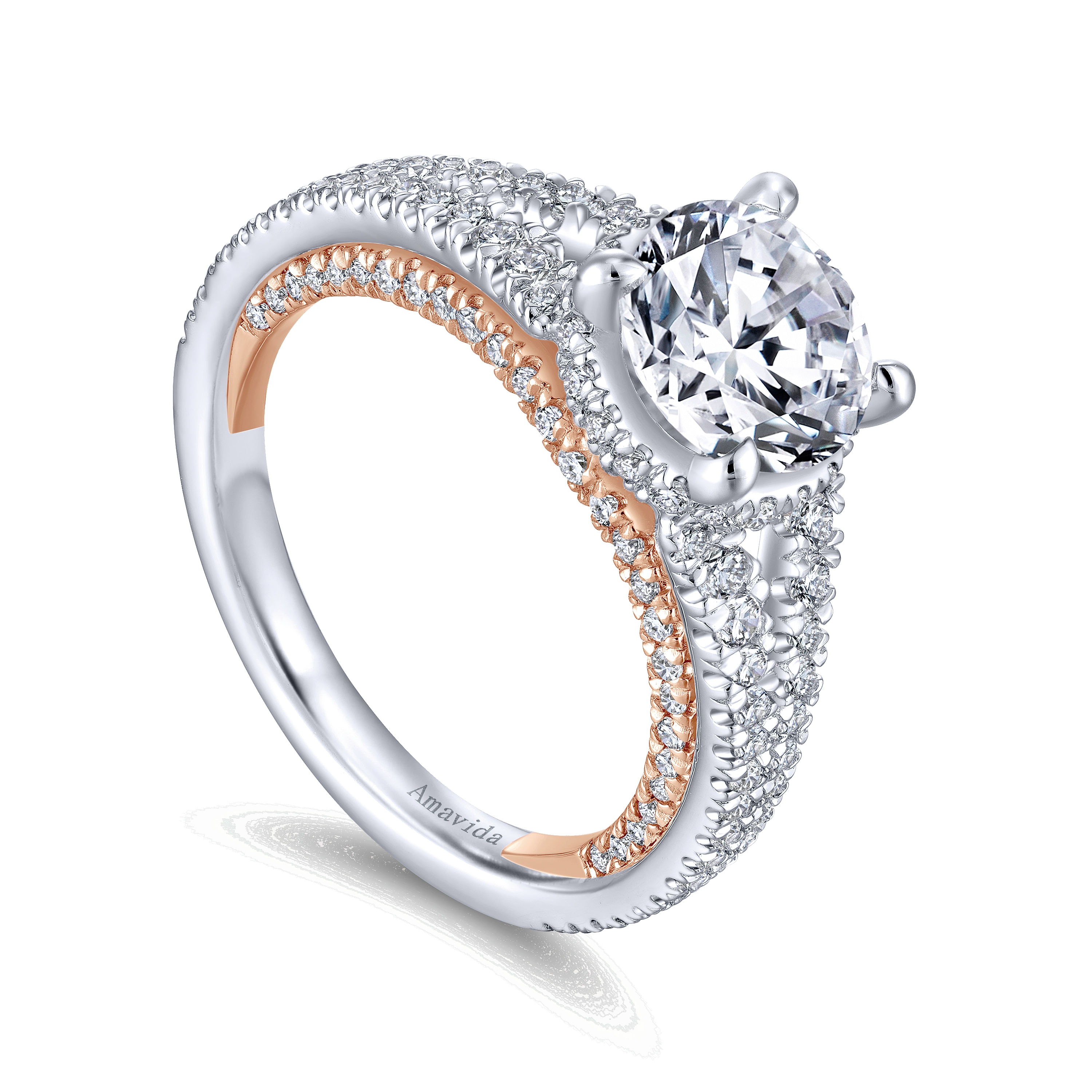 18K White-Rose Gold Split Shank Round Diamond Engagement Ring ...