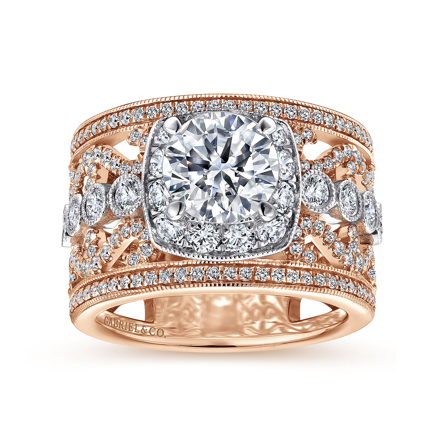Vintage Inspired 18K White-Rose Gold Round Halo Diamond Engagement Ring ...