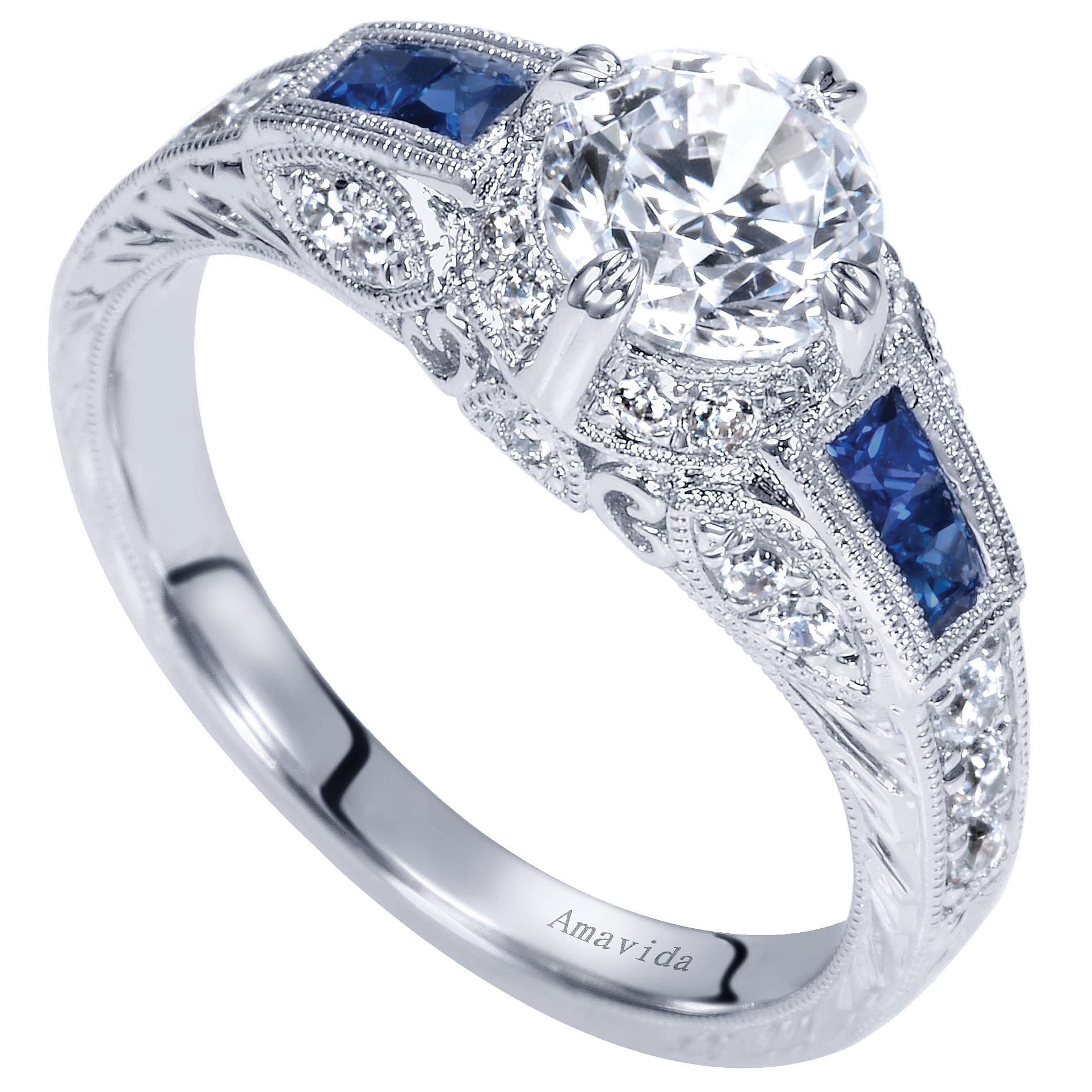Vintage Inspired Platinum Round Halo Sapphire and Diamond Engagement ...