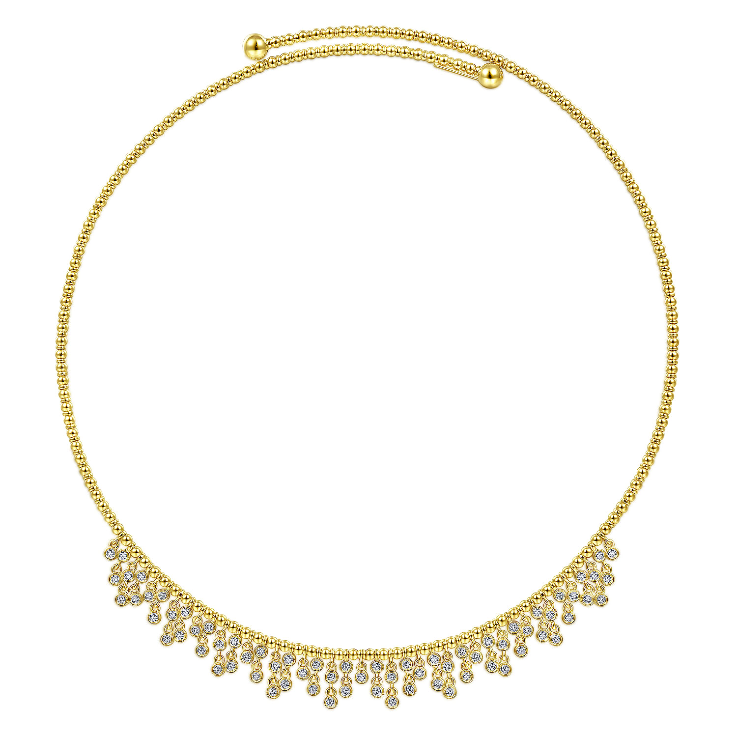 11.5+2 Inch 14K Yellow Gold Bujukan Beaded Choker Necklace with Bezel Set Diamond Clusters