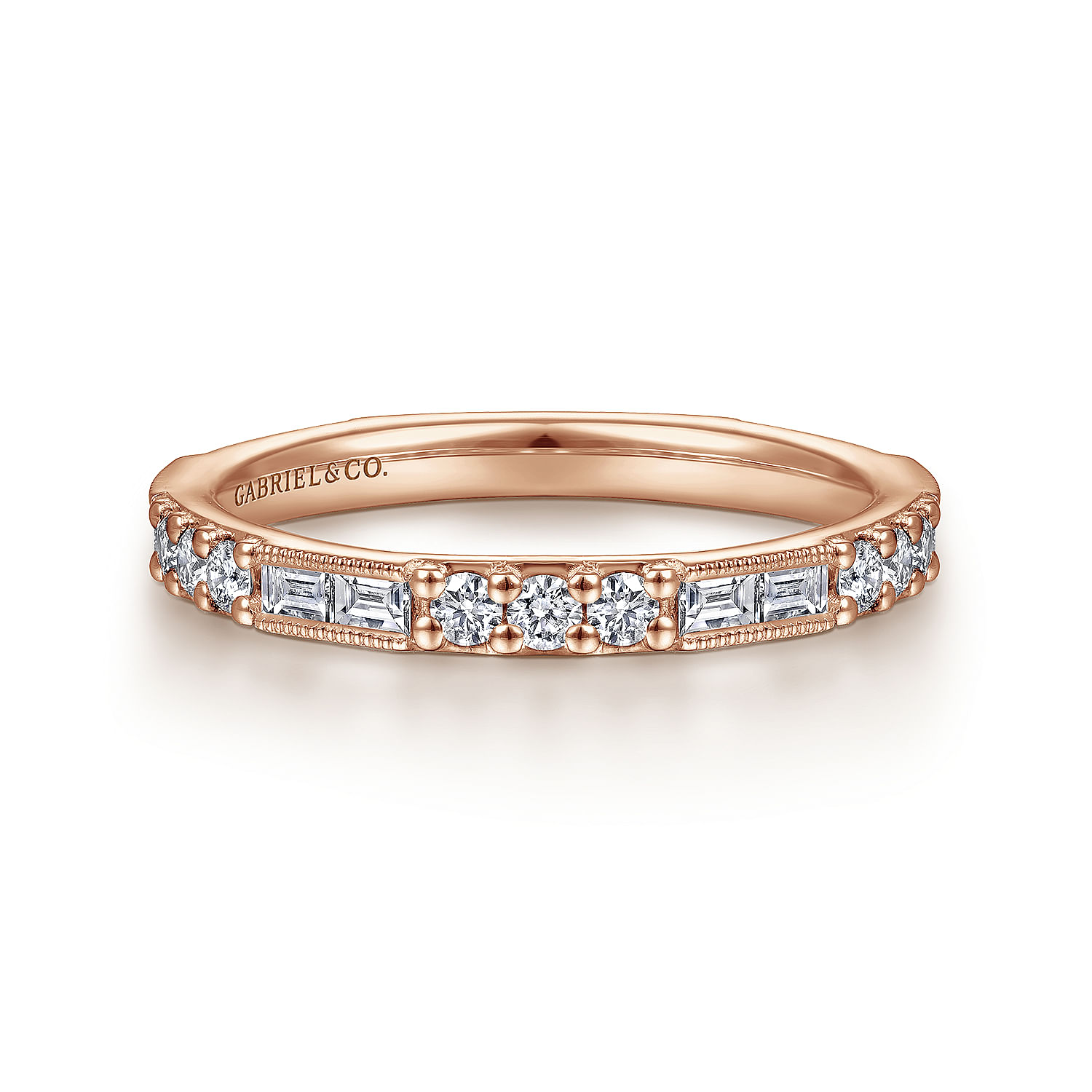 14K Rose Gold Baguette and Round Diamond Stackable Ring