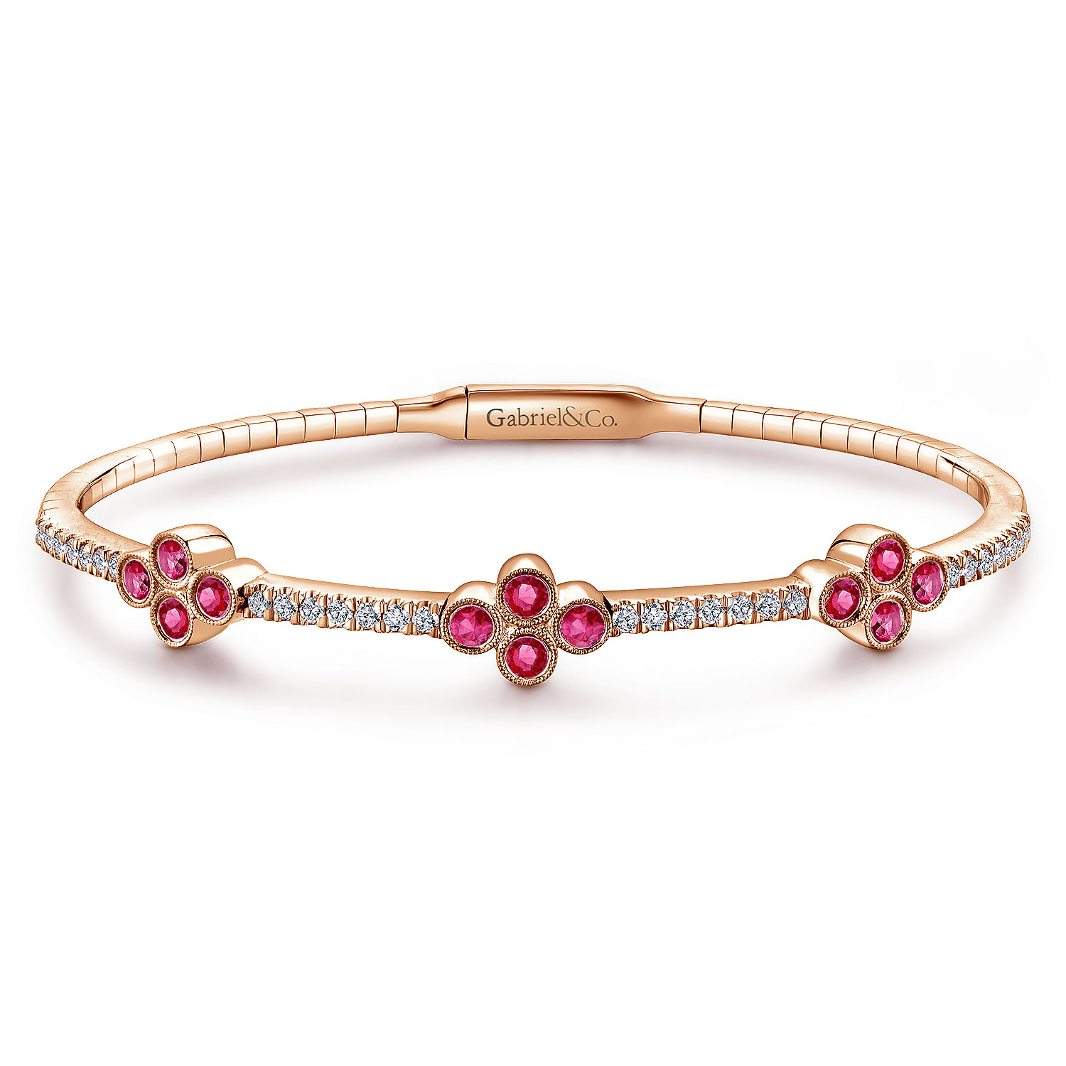 14K Rose Gold Bangle with Diamond and Ruby Quatrefoil Stations