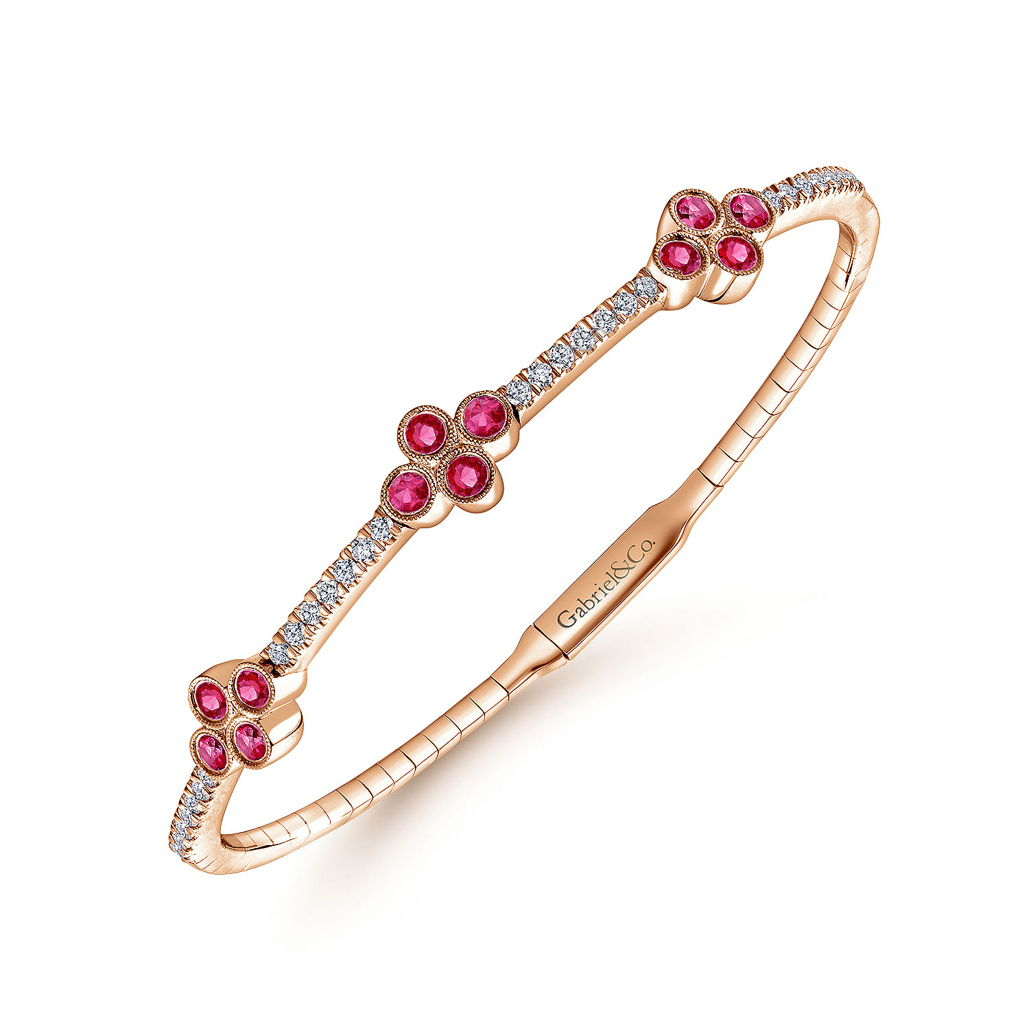 14K Rose Gold Bangle with Diamond and Ruby Quatrefoil Stations