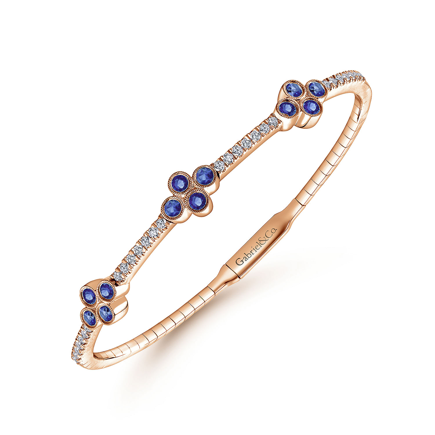 14K Rose Gold Bangle with Diamond and Sapphire Quatrefoil Stations