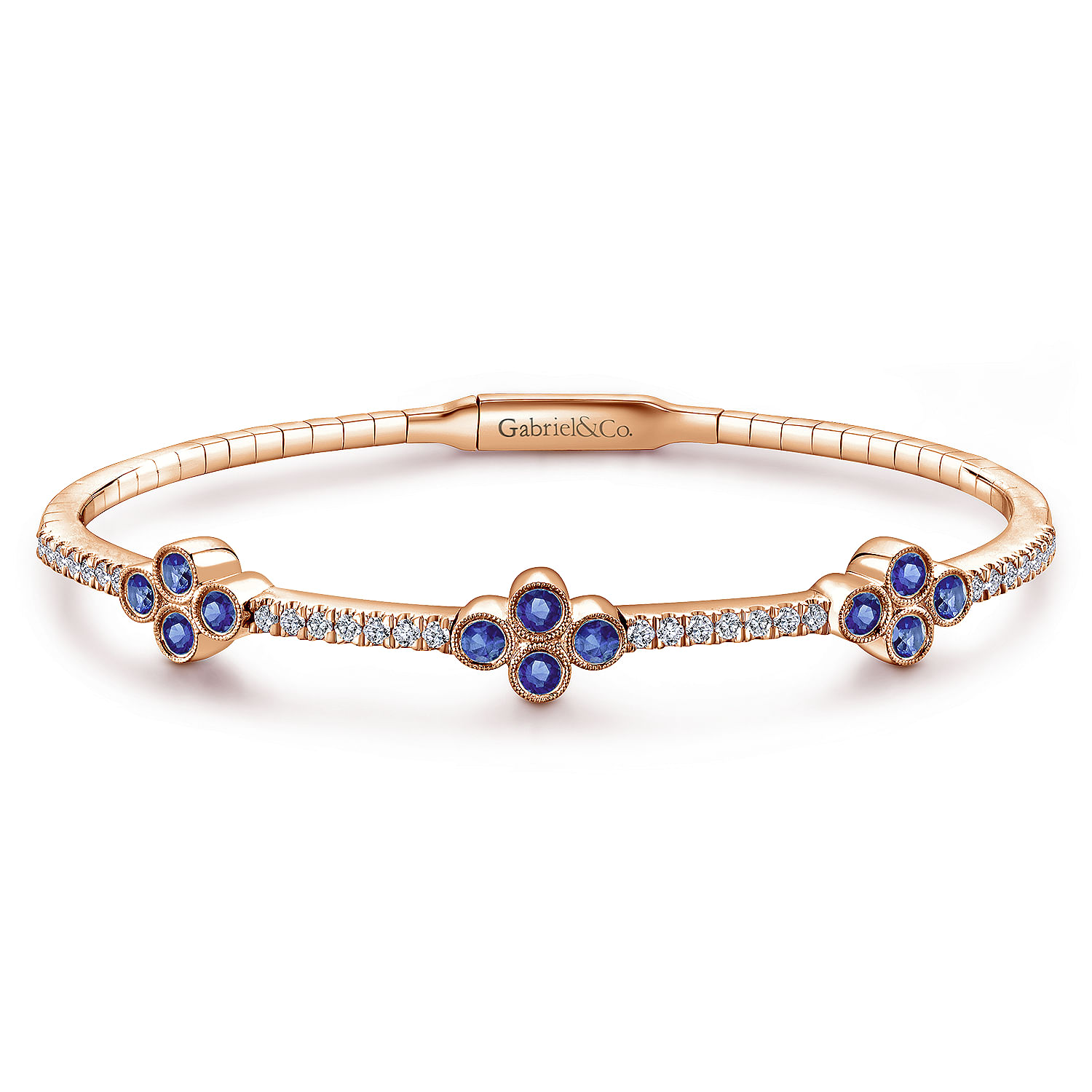 14K Rose Gold Bangle with Diamond and Sapphire Quatrefoil Stations