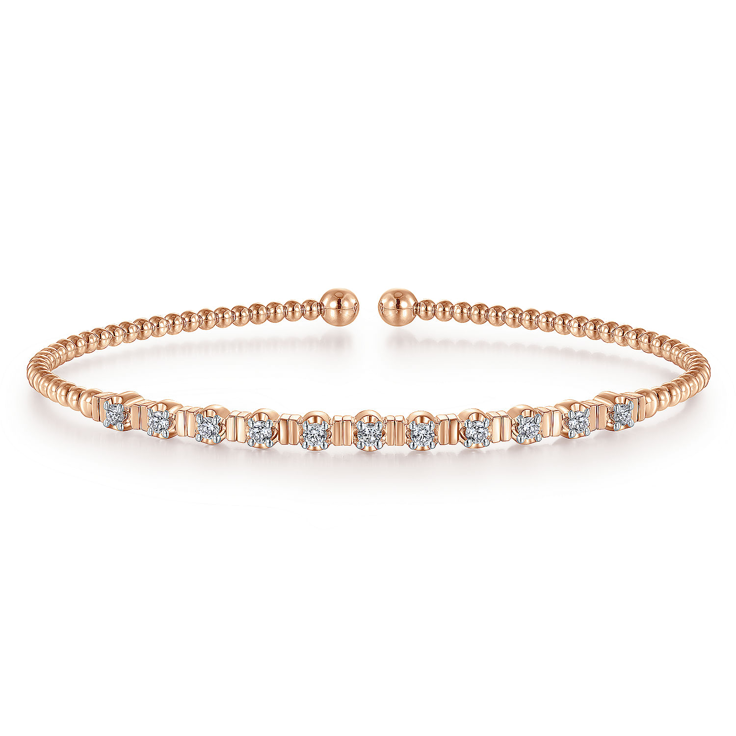 14K Rose Gold Bujukan Bead Cuff Bracelet with Diamond Stations