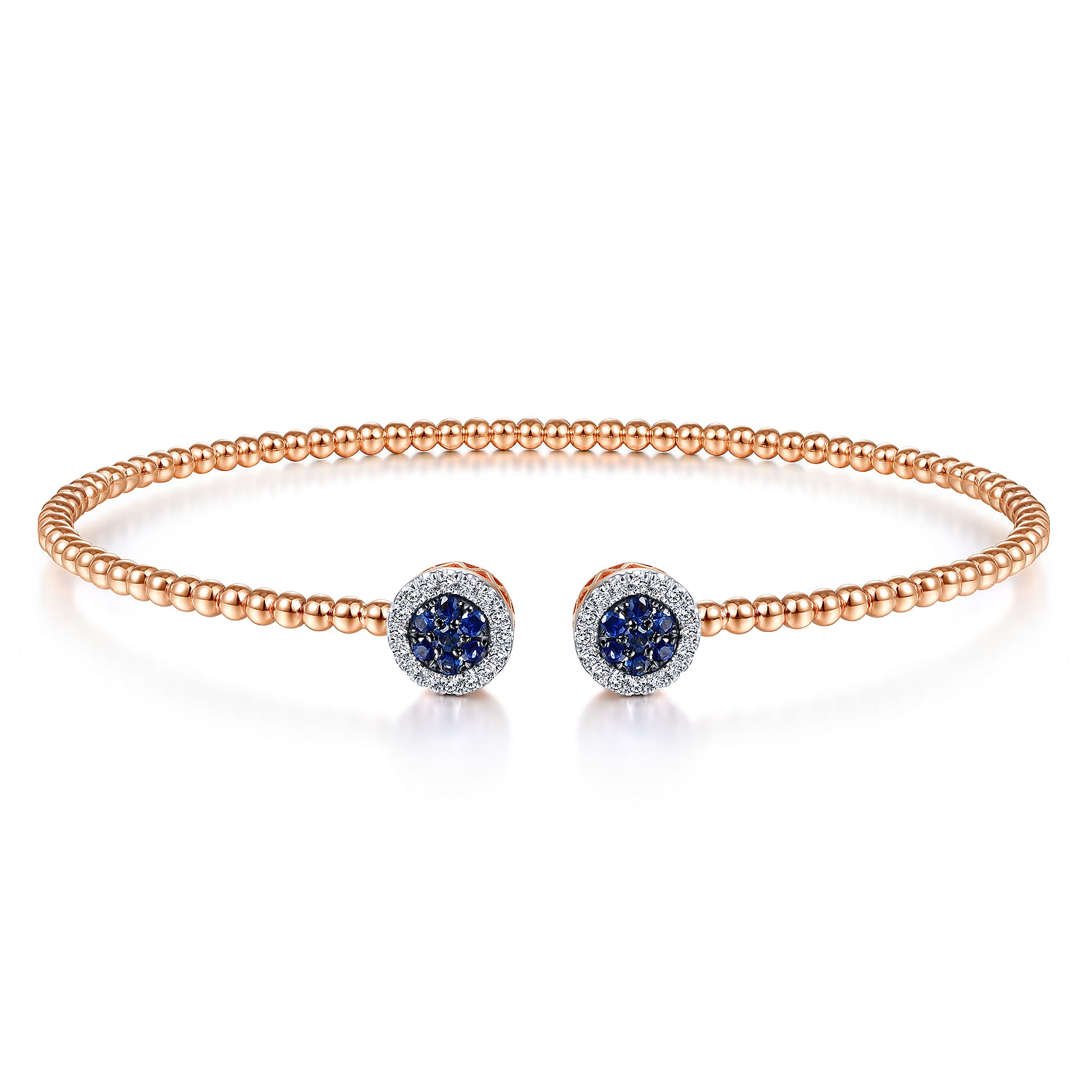 14K Rose Gold Bujukan Bead Cuff Bracelet with Sapphire and Diamond Halo Caps