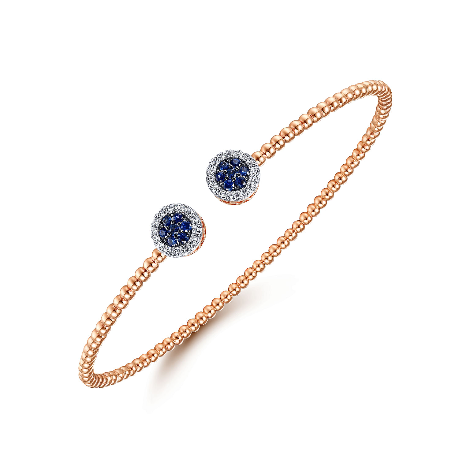 14K Rose Gold Bujukan Bead Cuff Bracelet with Sapphire and Diamond Halo Caps