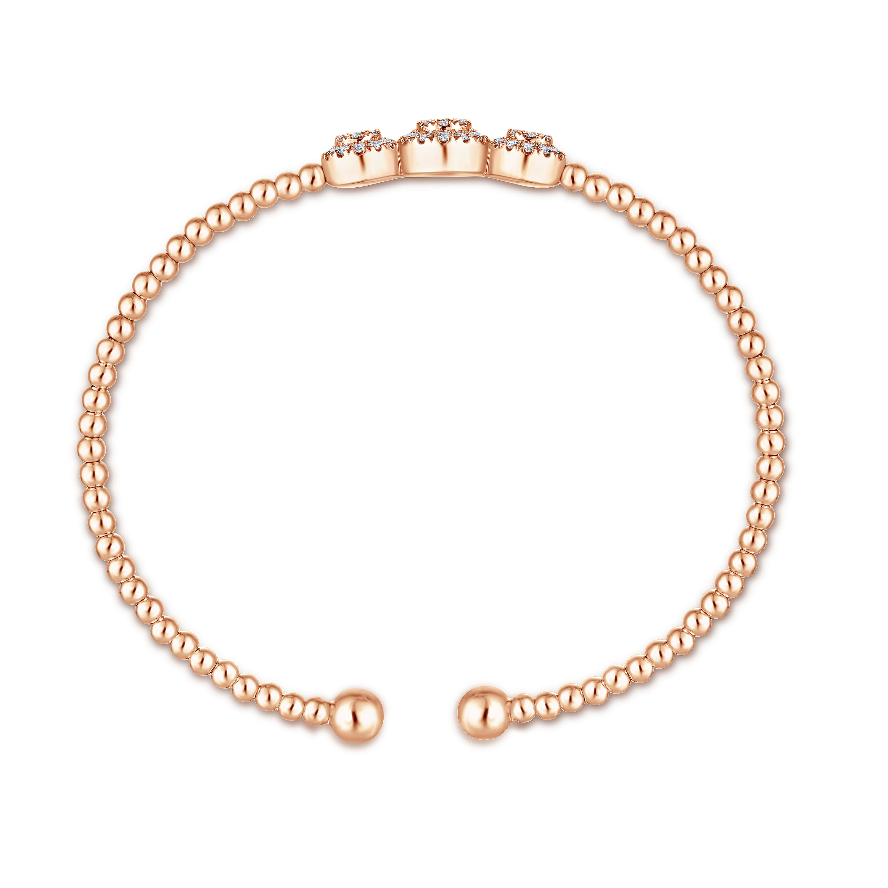 14K Rose Gold Bujukan Bead Cuff Bracelet with Three Pavé Diamond Stations