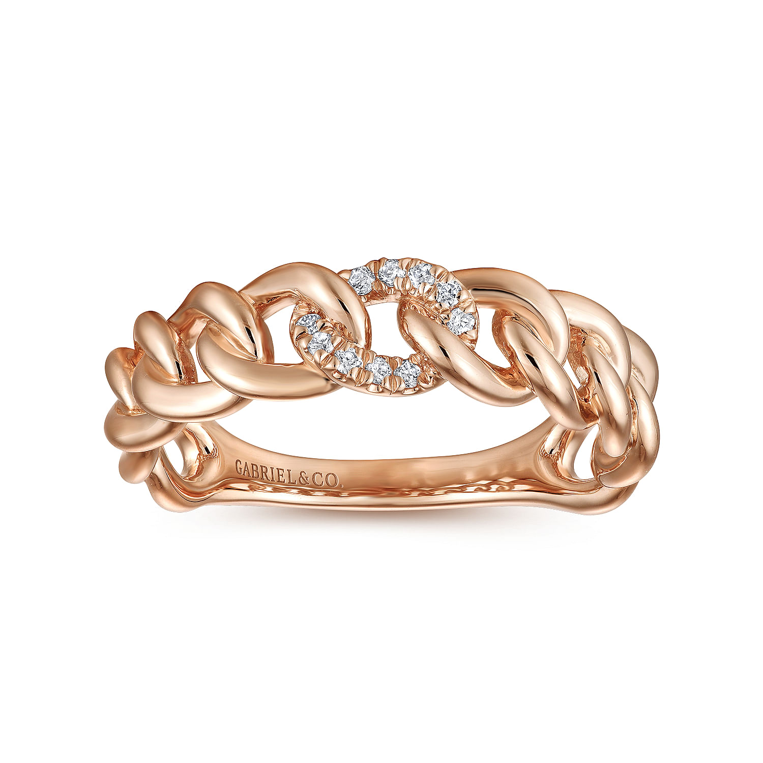 14K Rose Gold Chain Link Ring Band with Pavé Diamond Station