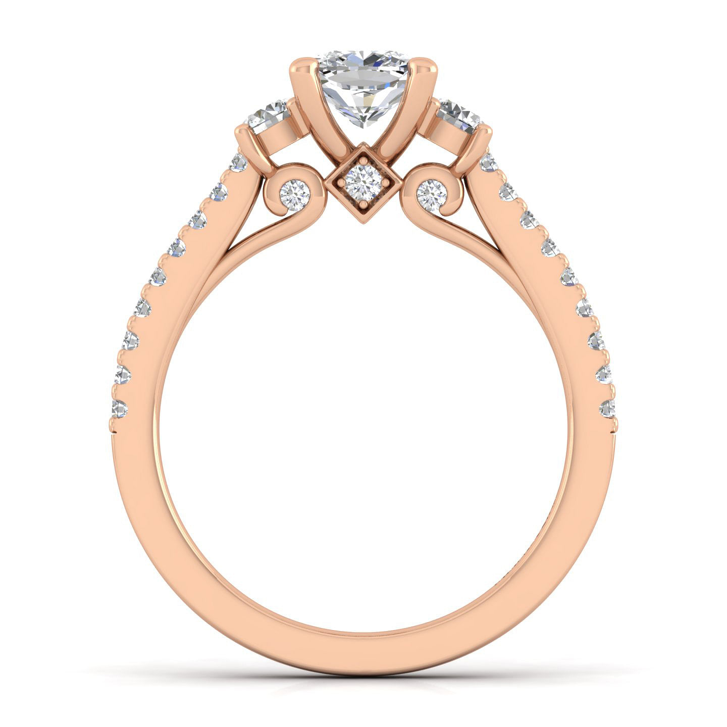 14K Rose Gold Cushion Cut Three Stone Diamond Engagement Ring