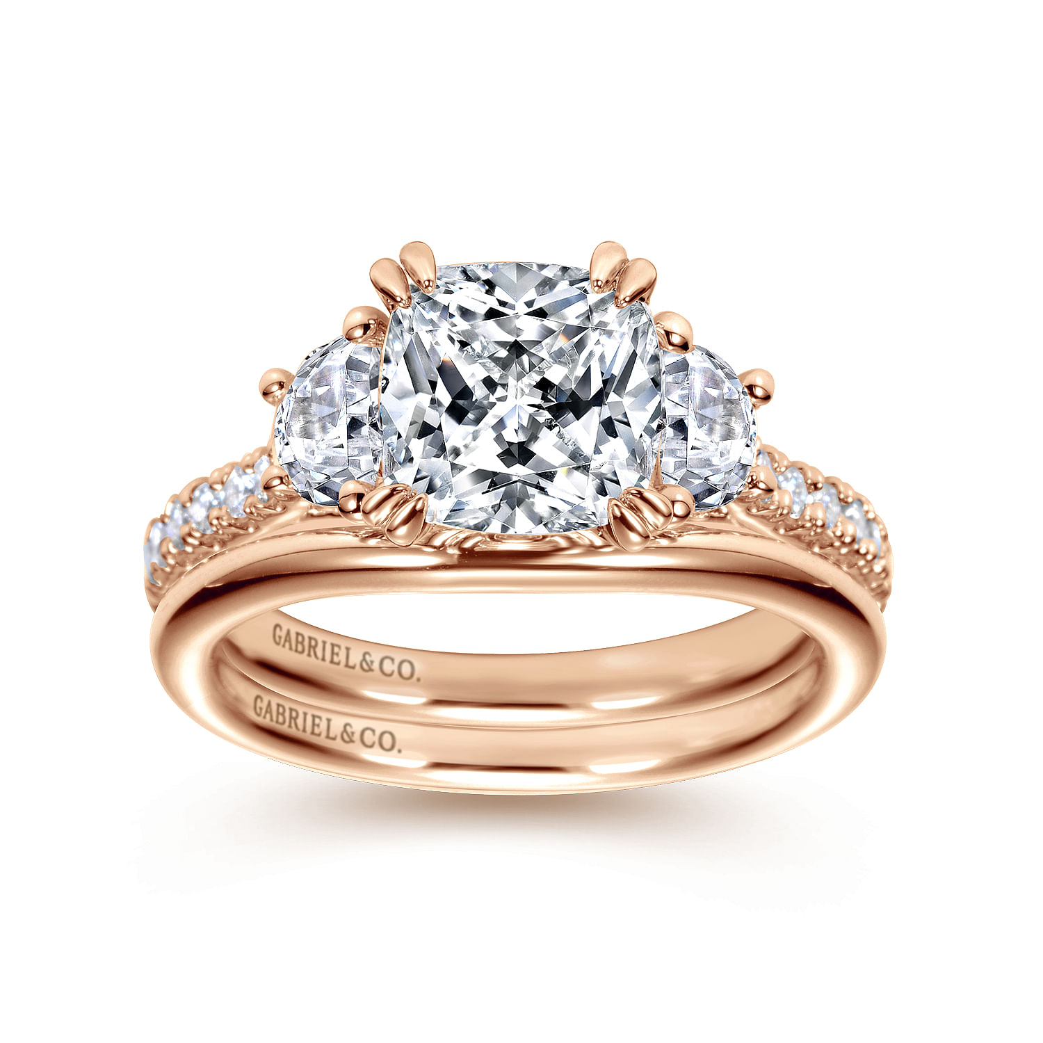 14K Rose Gold Cushion Cut Three Stone Diamond Engagement Ring