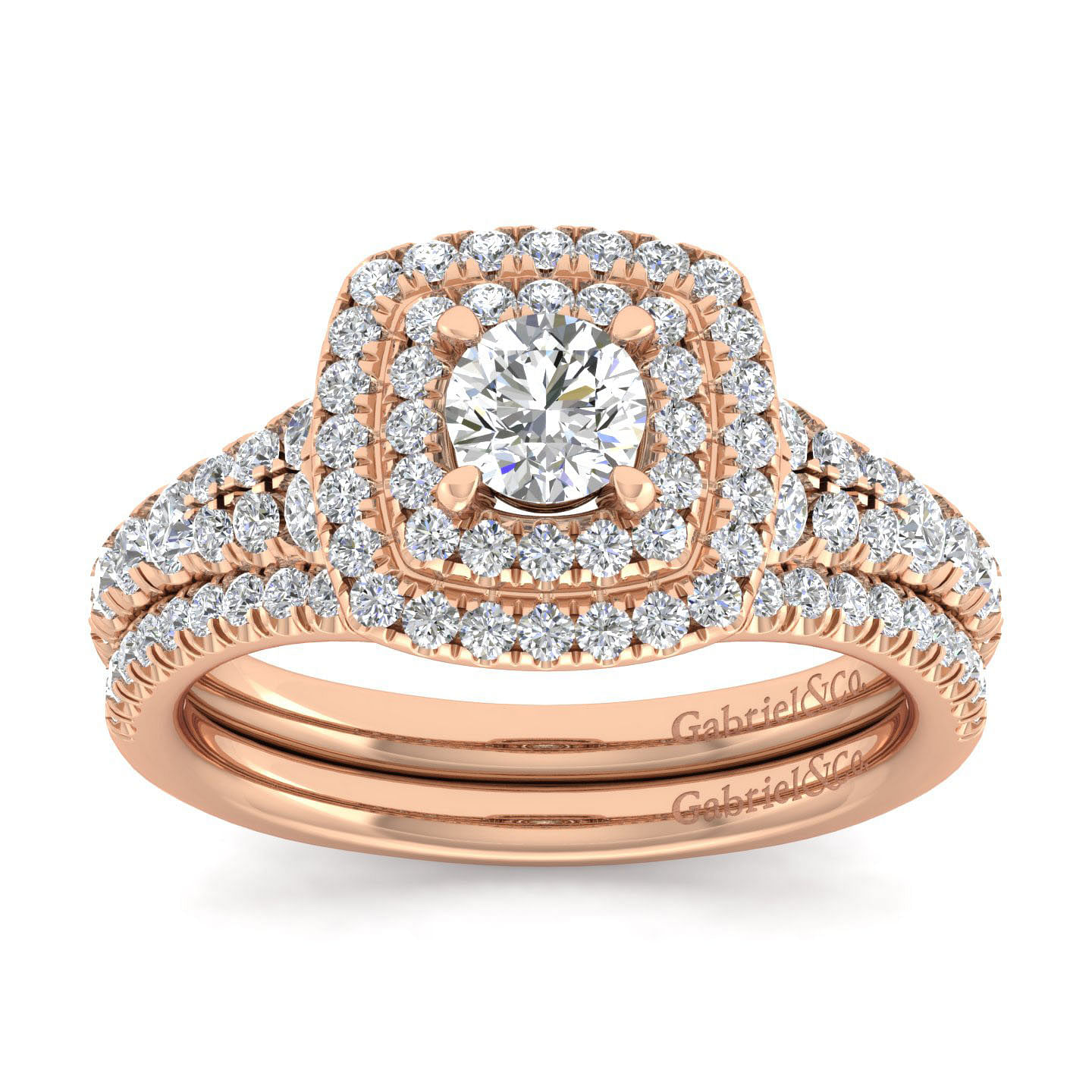 14K Rose Gold Cushion Double Halo Round Diamond Engagement Ring