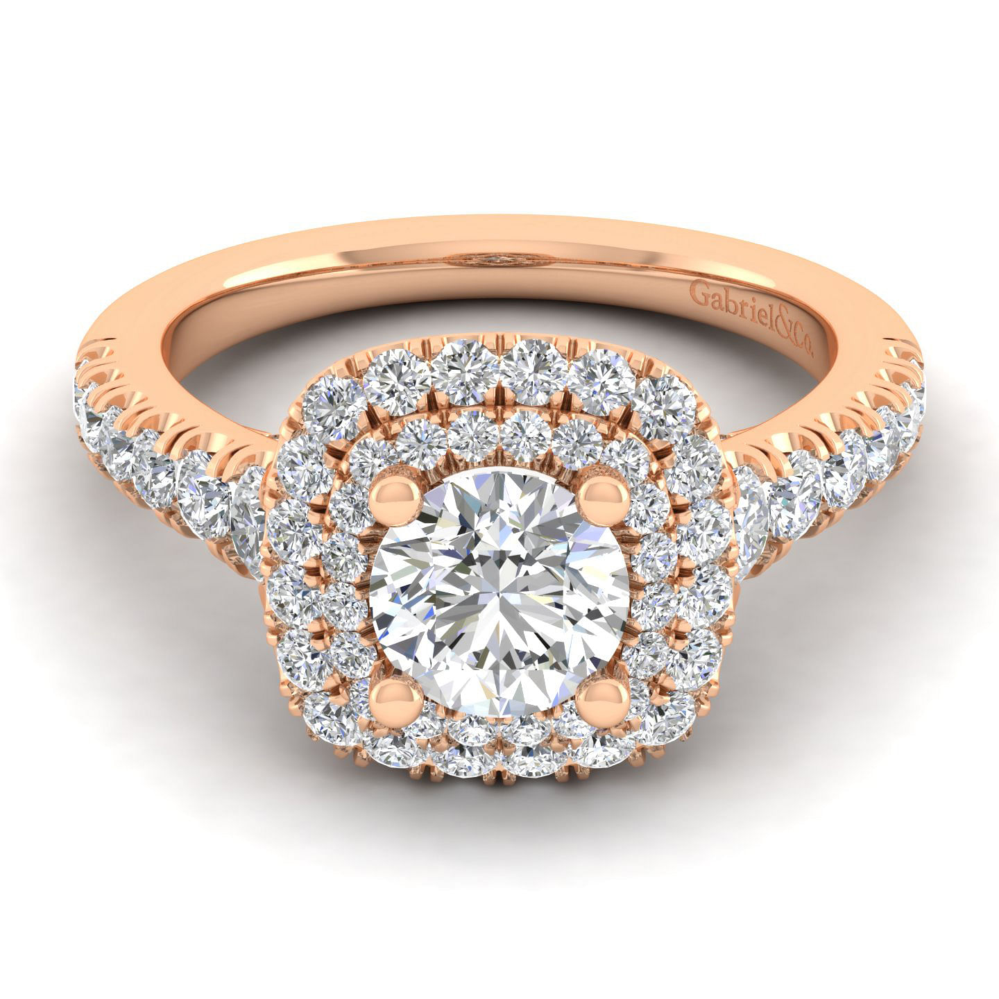 14K Rose Gold Cushion Double Halo Round Diamond Engagement Ring