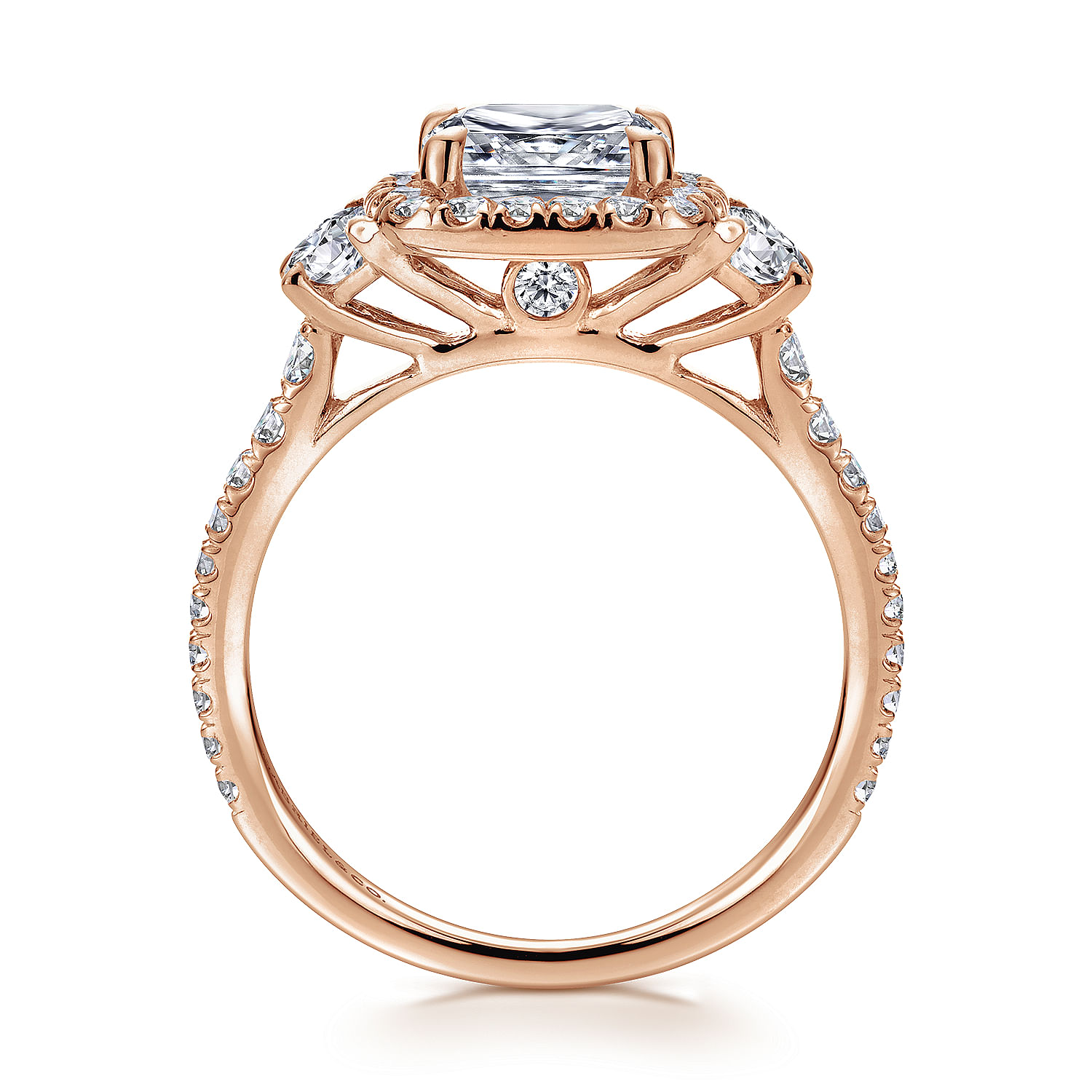 14K Rose Gold Cushion Three Stone Halo Diamond Engagement Ring