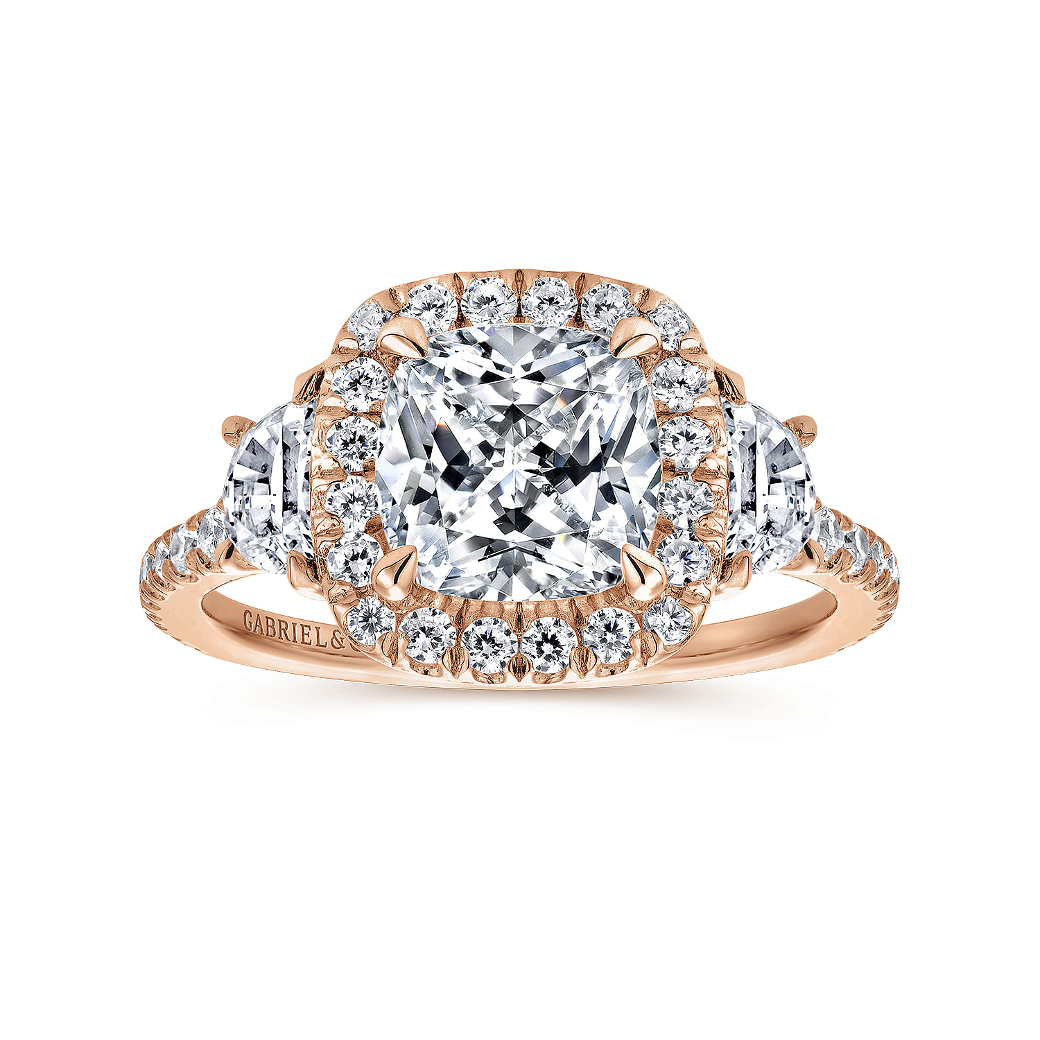 14K Rose Gold Cushion Three Stone Halo Diamond Engagement Ring