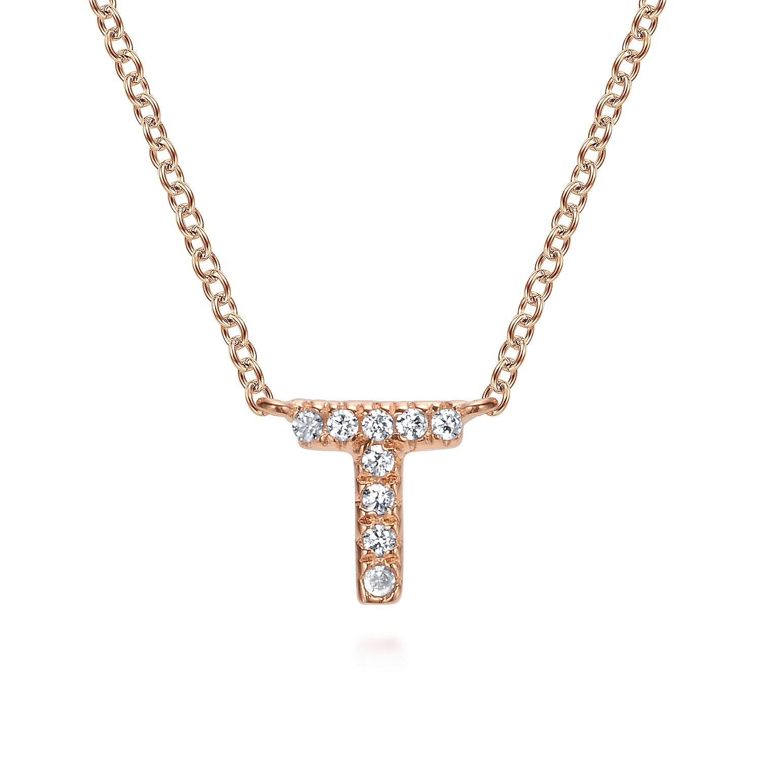 14K Rose Gold Diamond T Initial Pendant Necklace