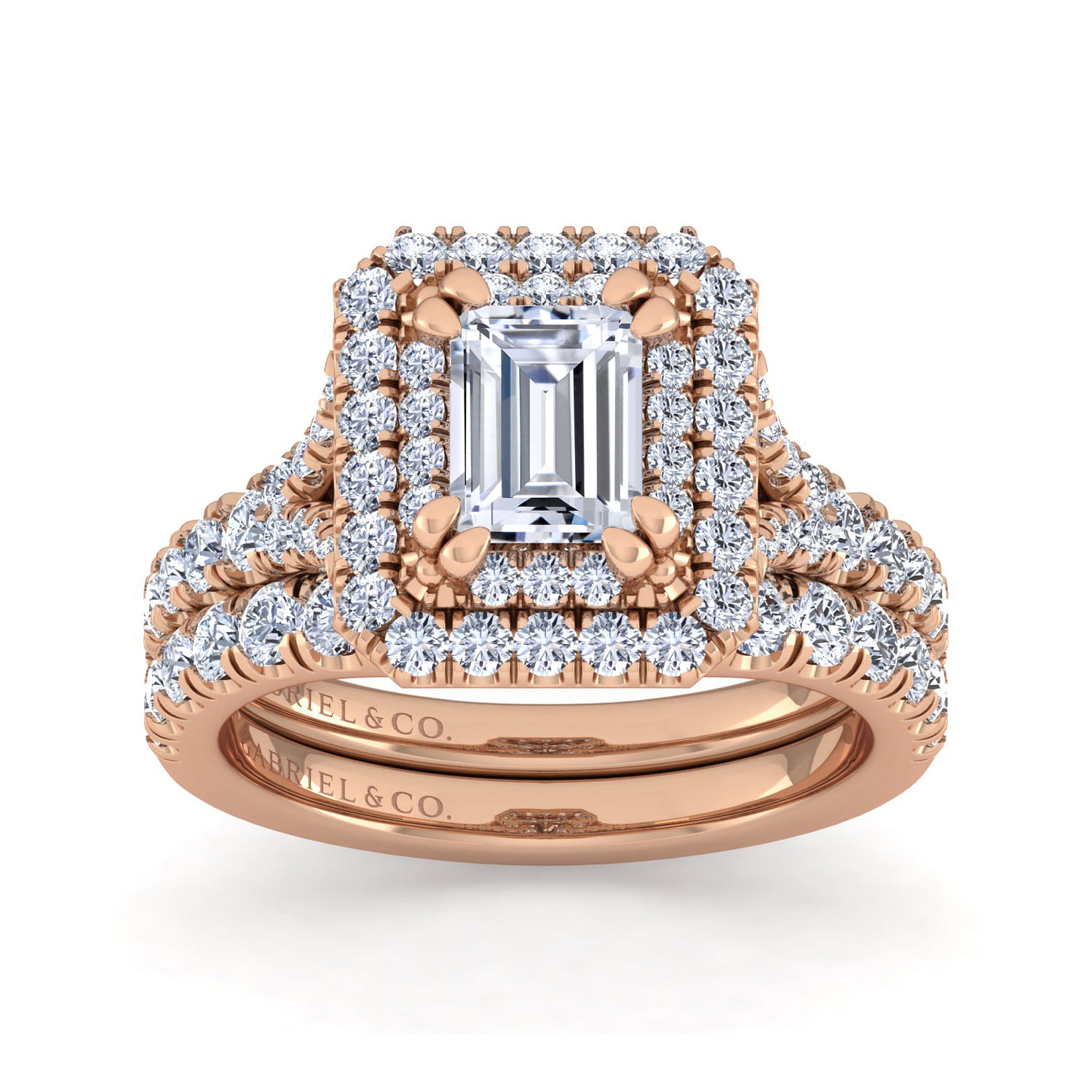 14K Rose Gold Double Halo Emerald Cut Diamond Engagement Ring