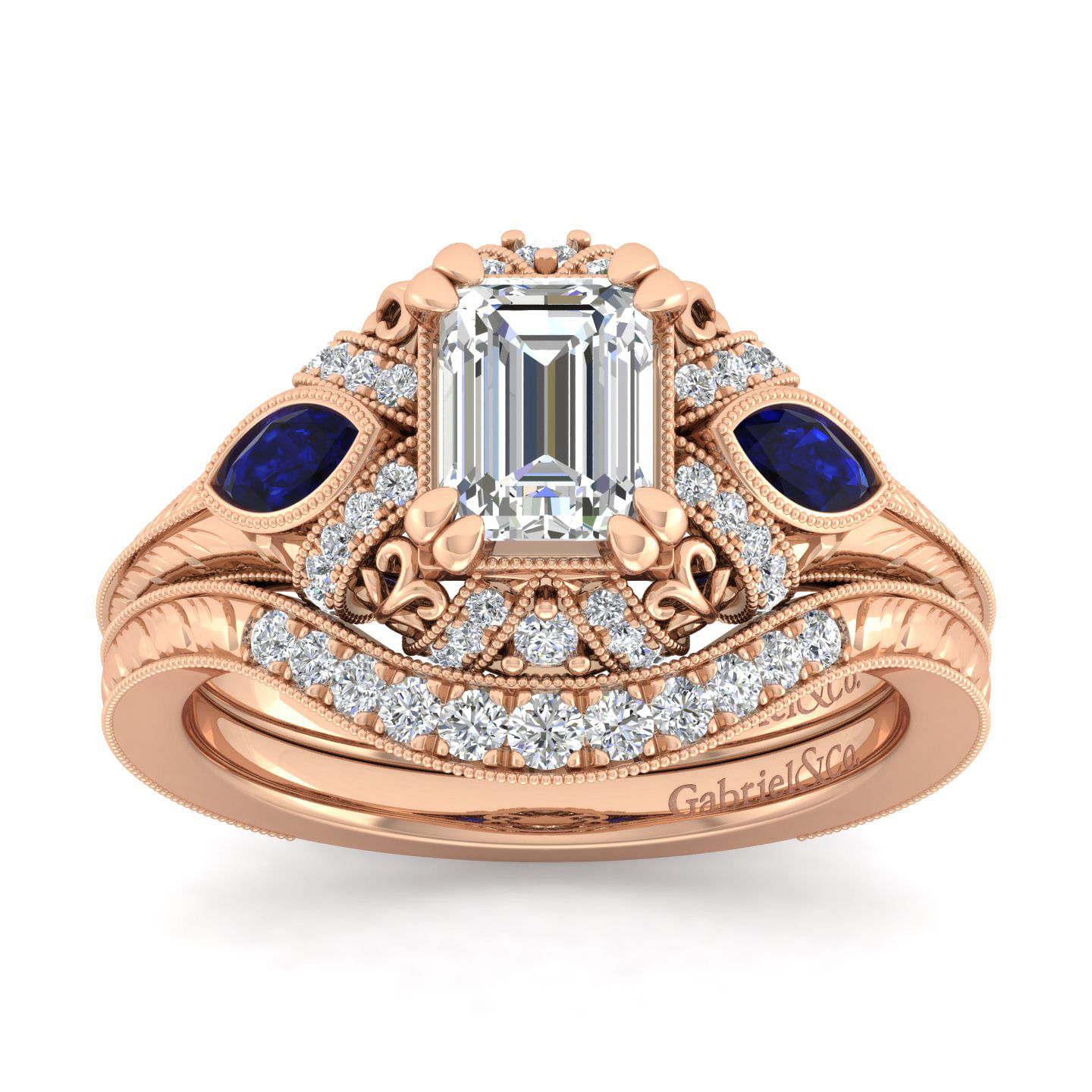 14K Rose Gold Emerald Cut Sapphire and Diamond Engagement Ring