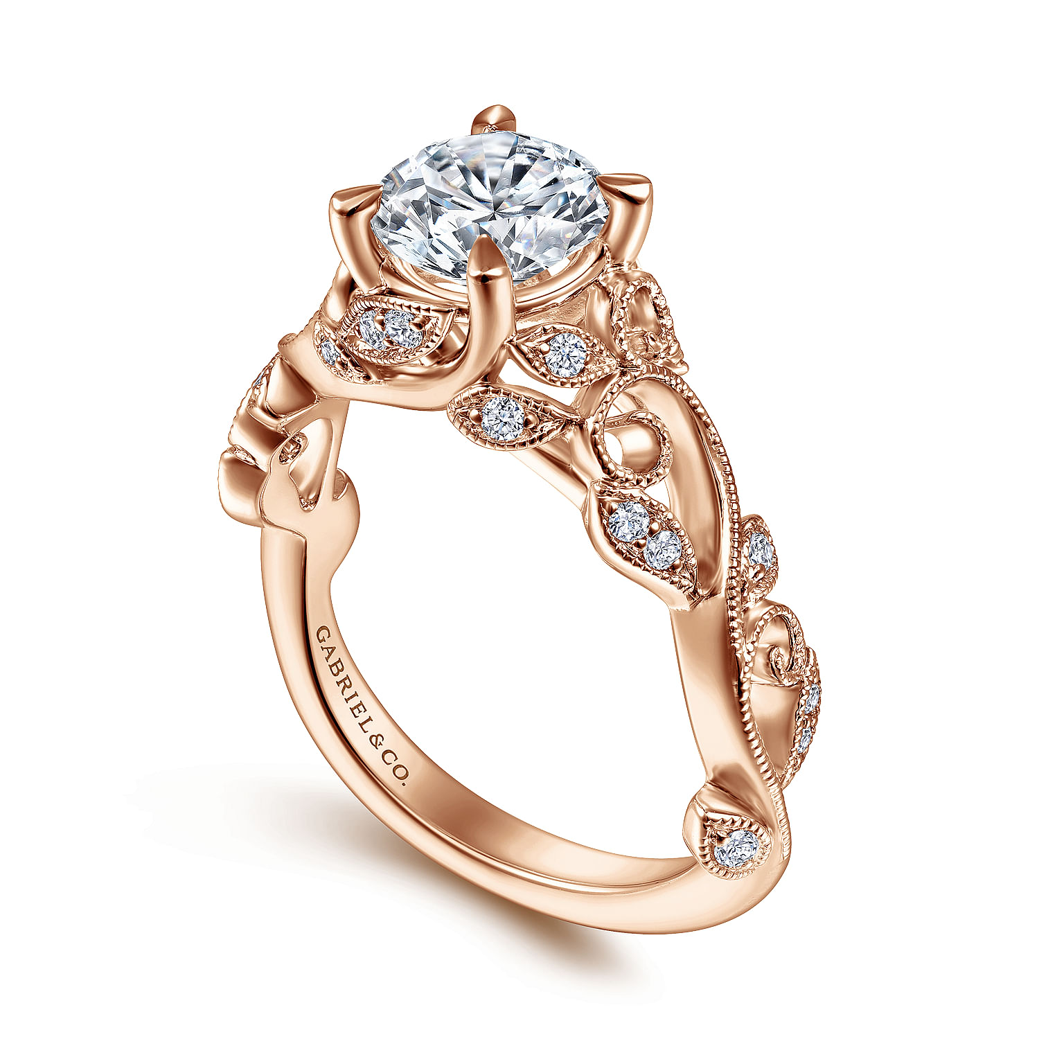 14K Rose Gold Floral Round Diamond Engagement Ring