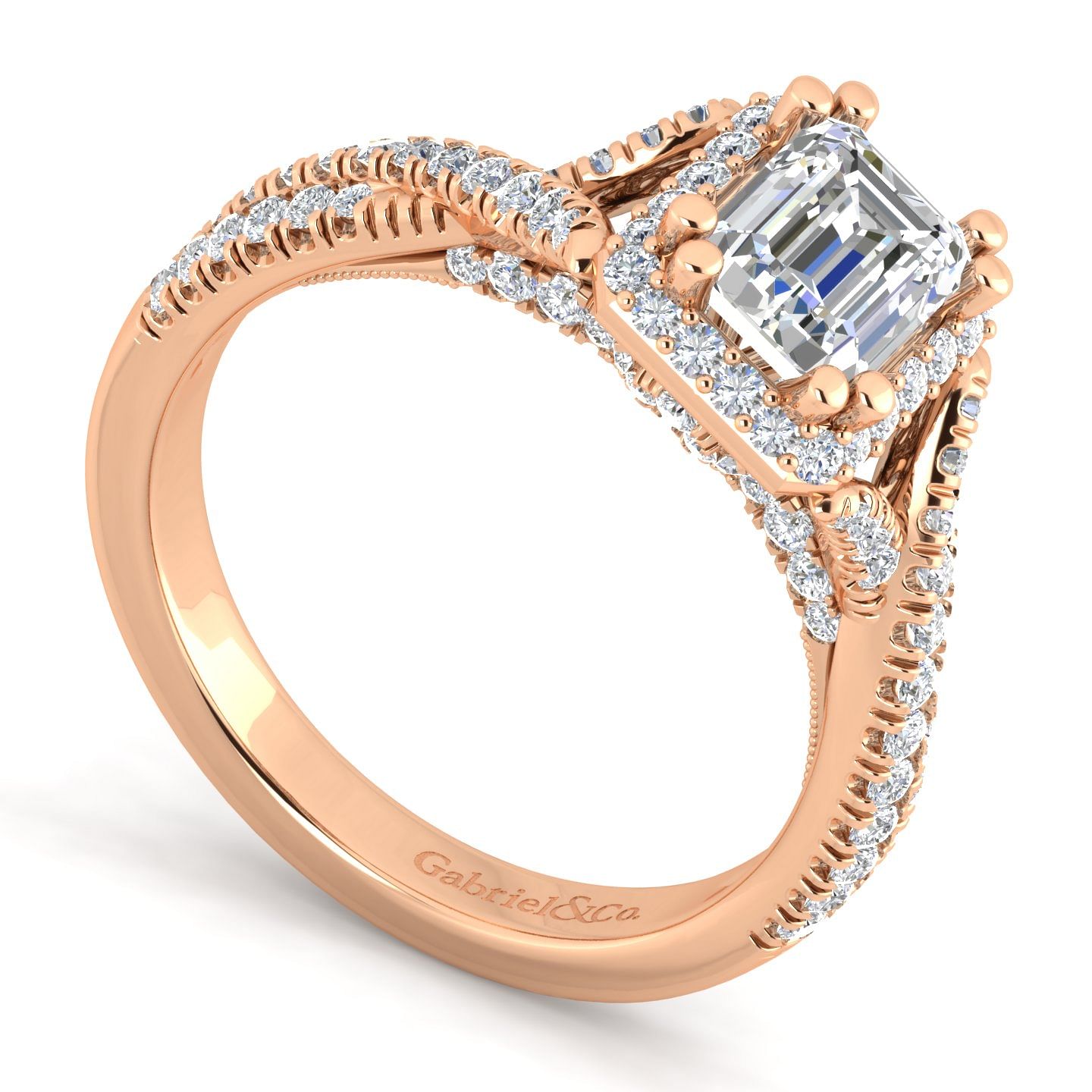 14K Rose Gold Halo Emerald Cut Diamond Engagement Ring