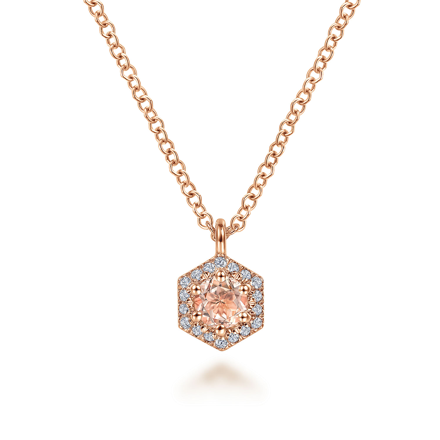 14K Rose Gold Hexagonal Halo Morganite and Diamond Pendant Necklace