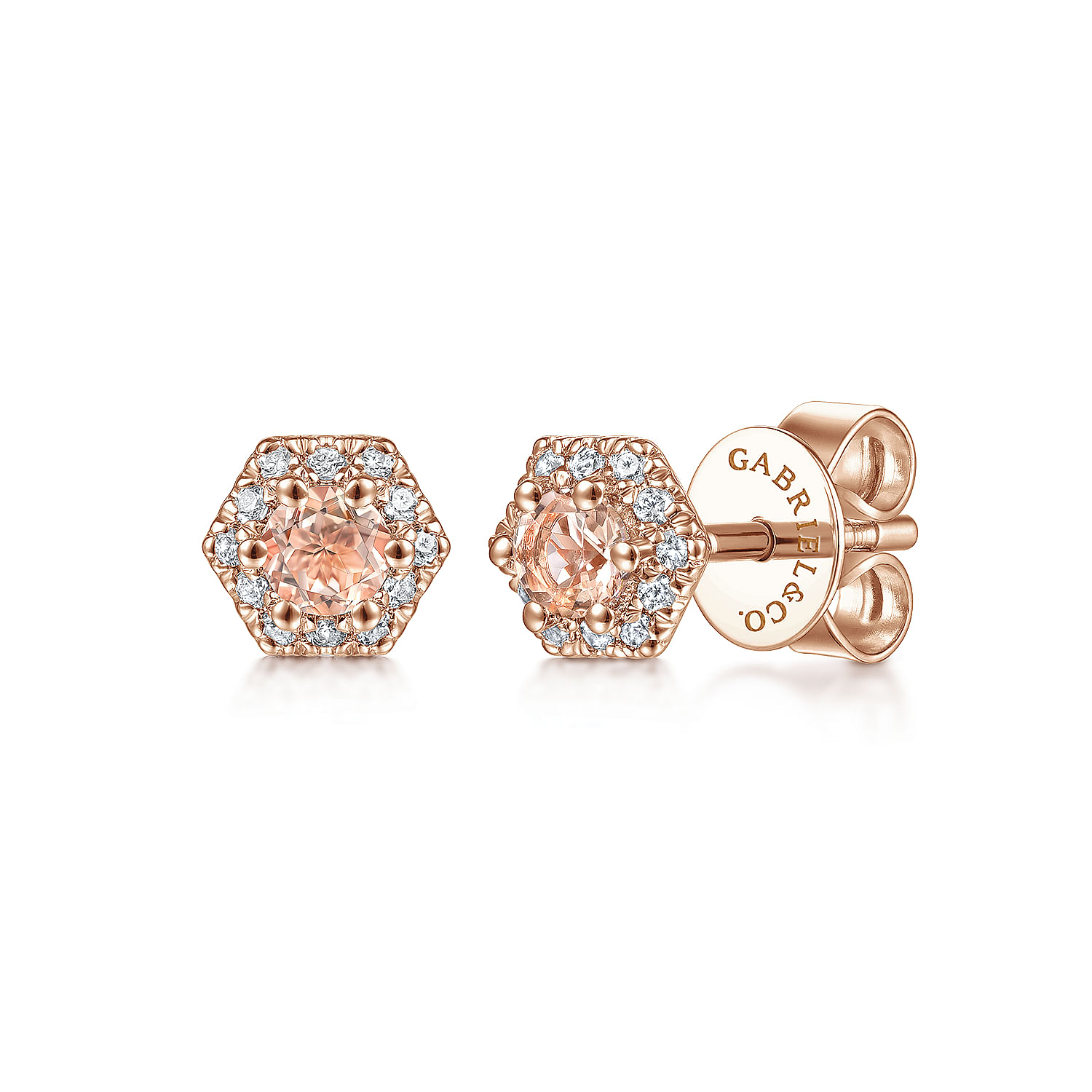14K Rose Gold Hexagonal Morganite and Diamond Stud Earrings