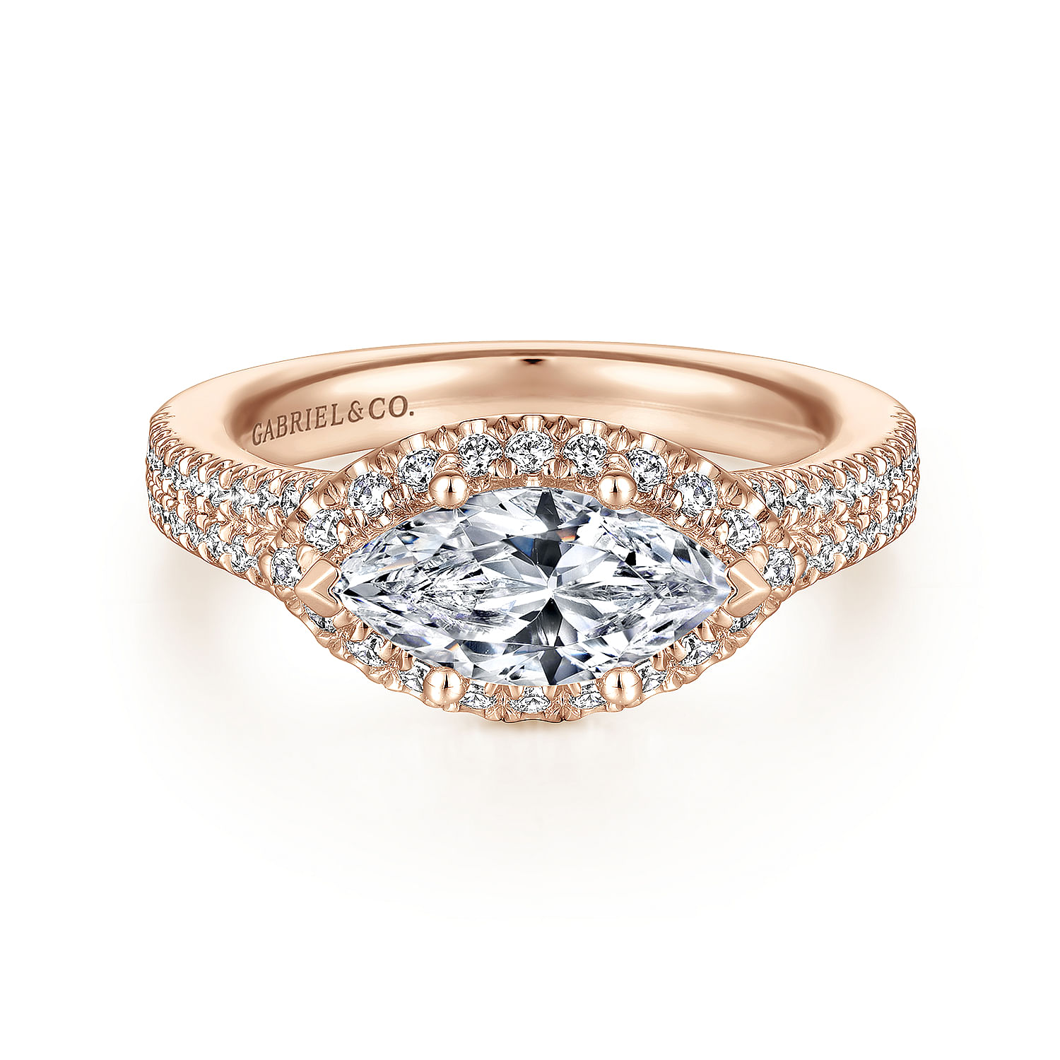 14K Rose Gold Horizontal Marquise Halo Diamond Engagement Ring