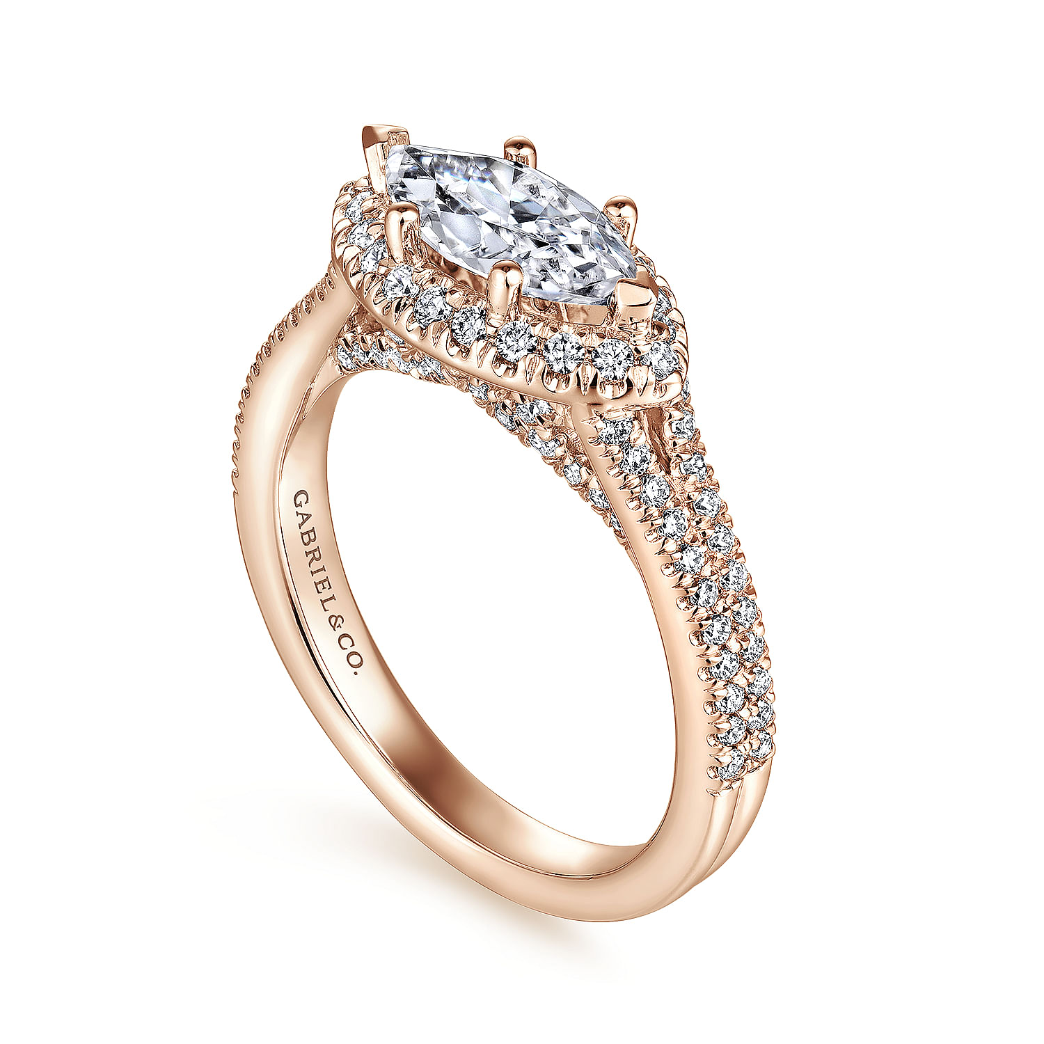 14K Rose Gold Horizontal Marquise Halo Diamond Engagement Ring