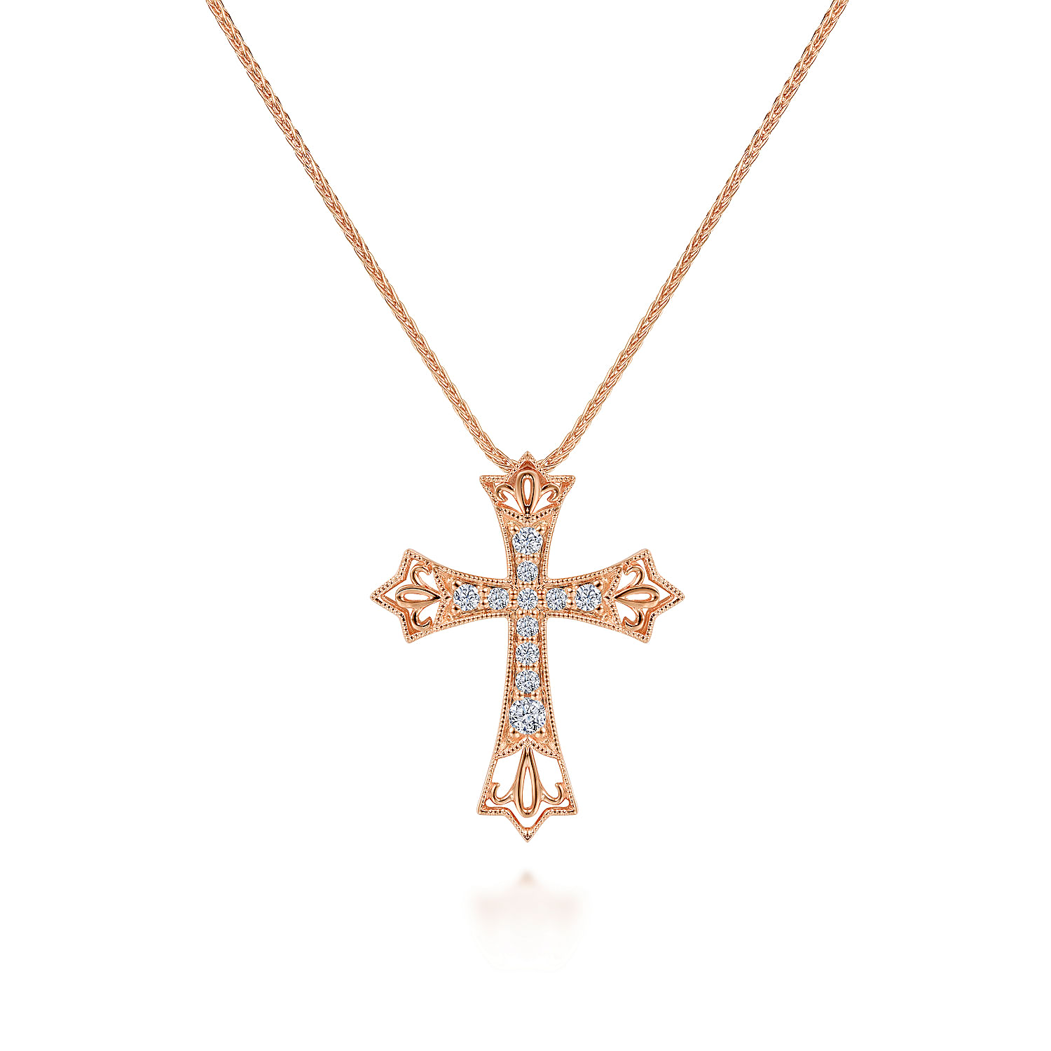14K Rose Gold Intricate Openwork Diamond Cross Necklace