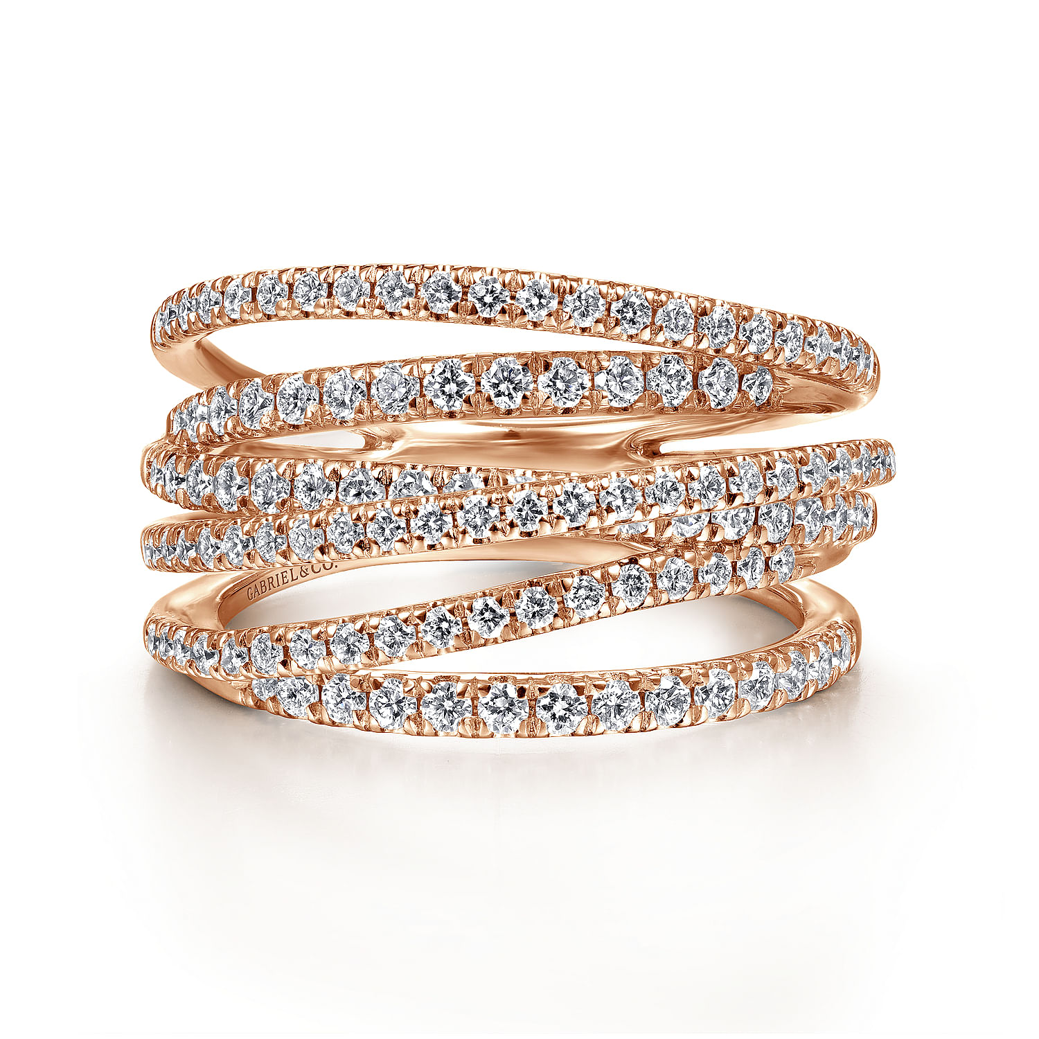 14K Rose Gold Layered Criss Crossing Wide Band Diamond Ring