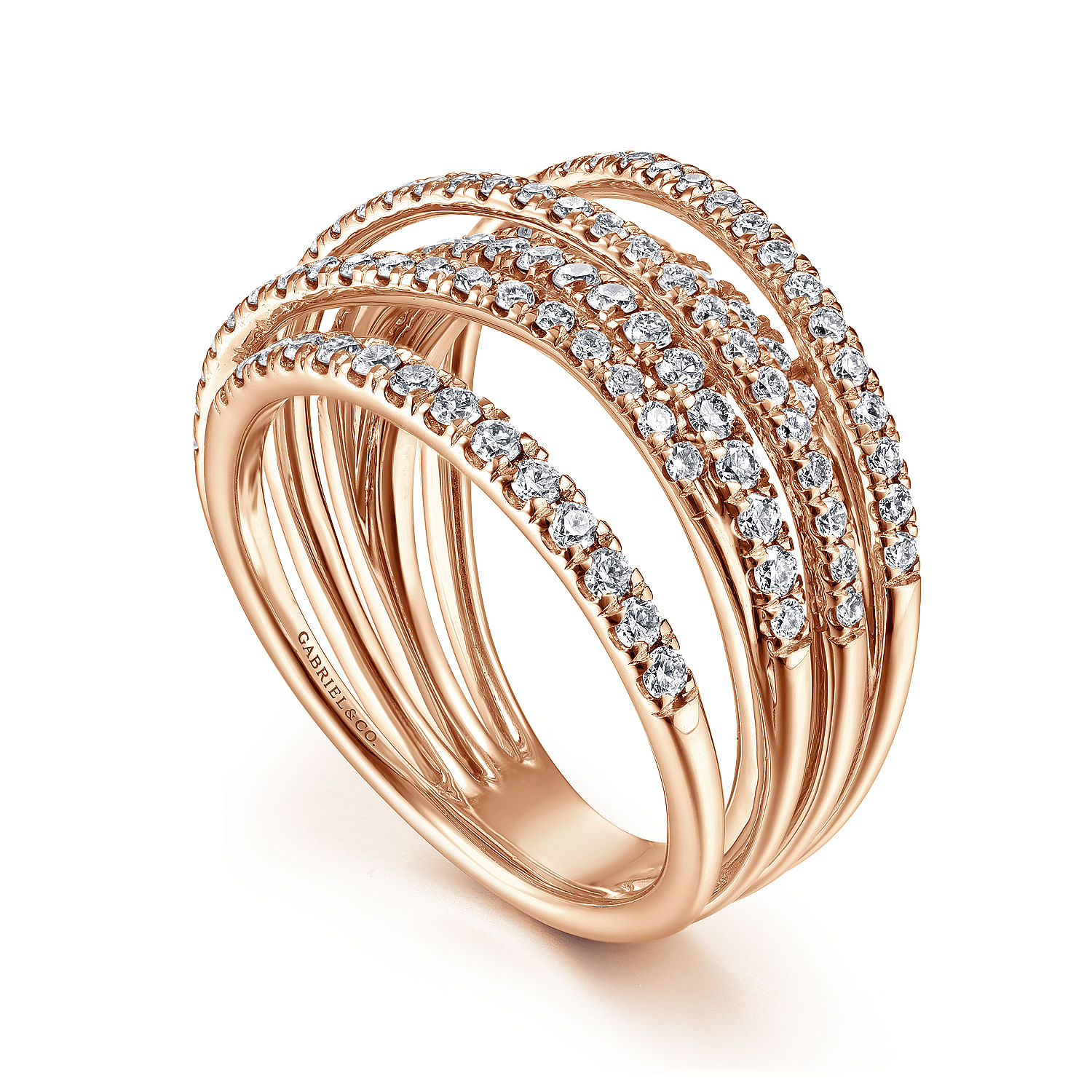 14K Rose Gold Layered Criss Crossing Wide Band Diamond Ring