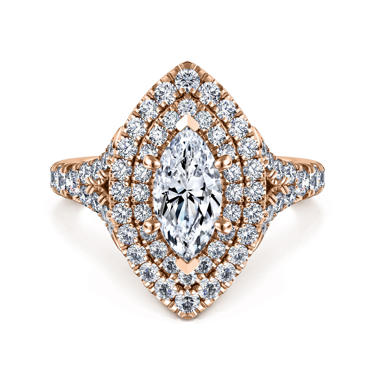 14K Rose Gold Marquise Shape Double Halo Diamond Engagement Ring