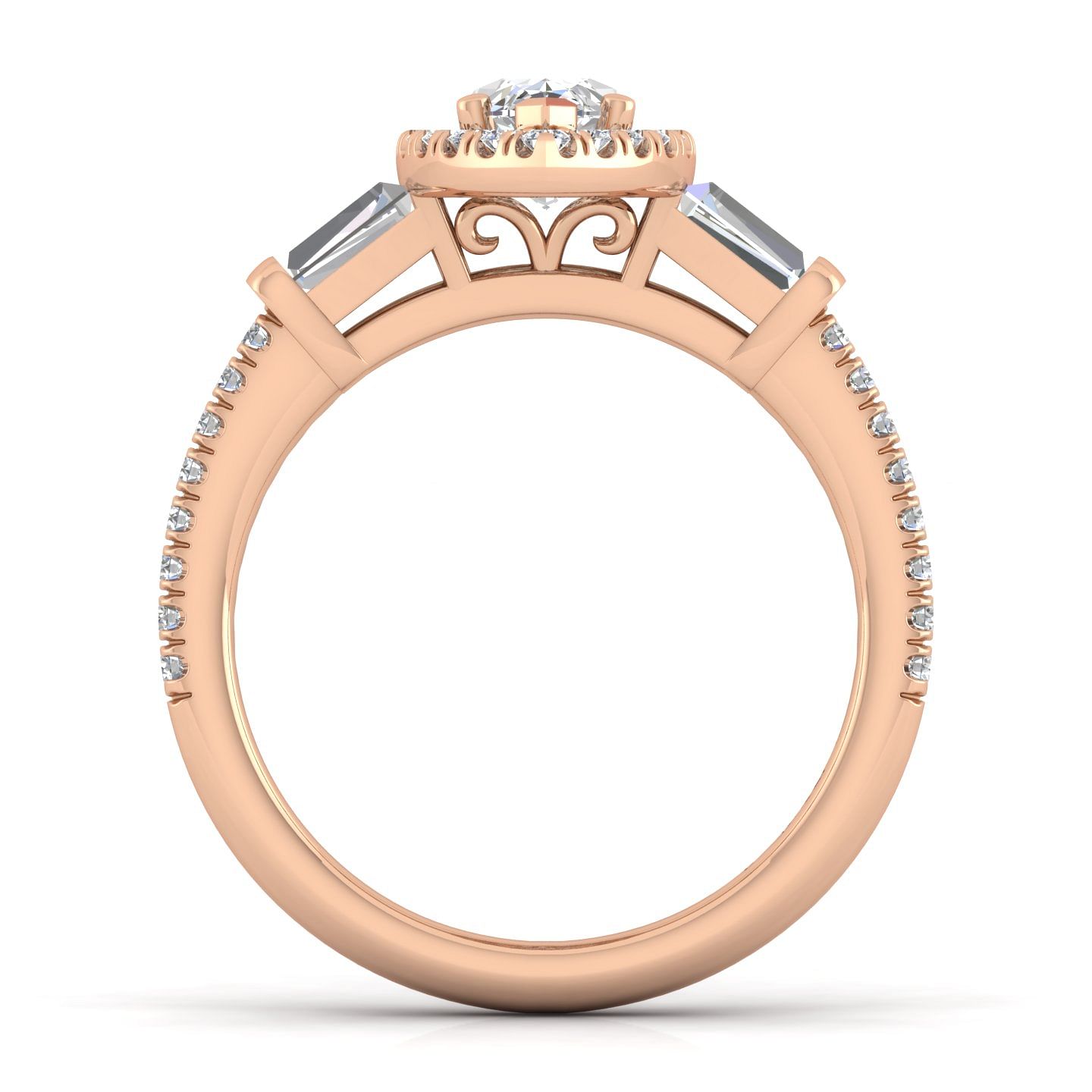 14K Rose Gold Marquise Shape Three Stone Halo Diamond Engagement Ring