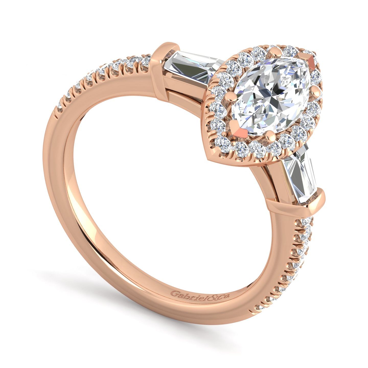 14K Rose Gold Marquise Shape Three Stone Halo Diamond Engagement Ring