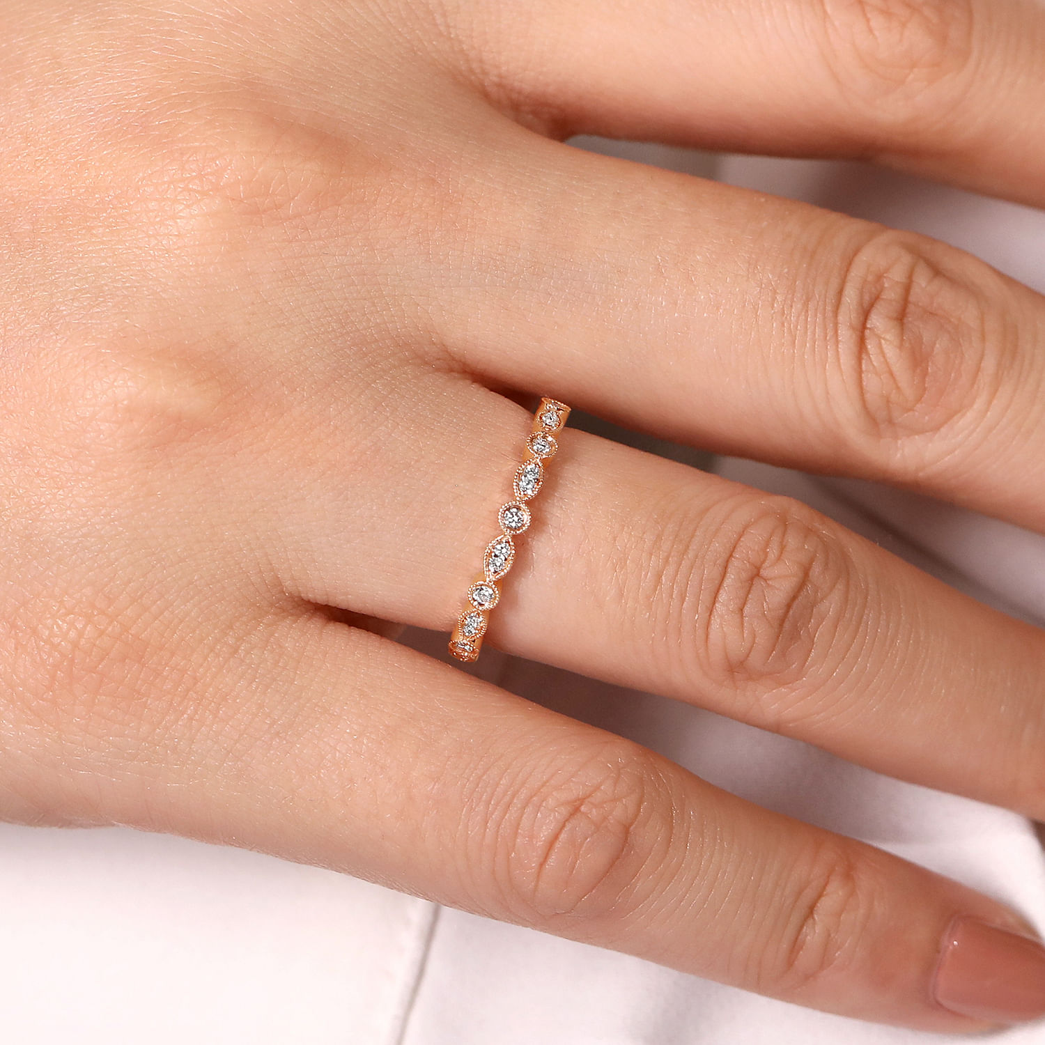 14K Rose Gold Marquise and Round Station Diamond Ring