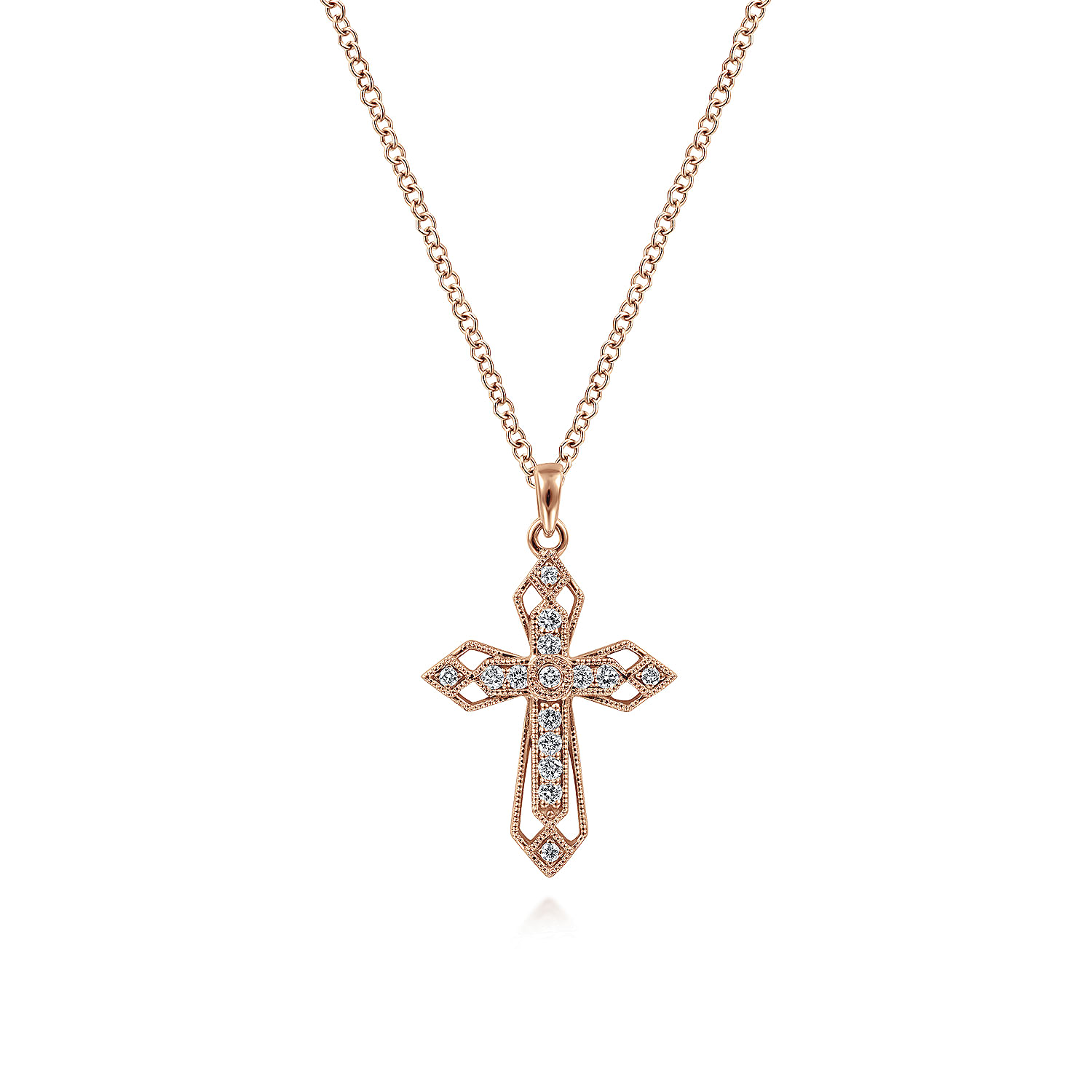14K Rose Gold Openwork Diamond Cross Necklace